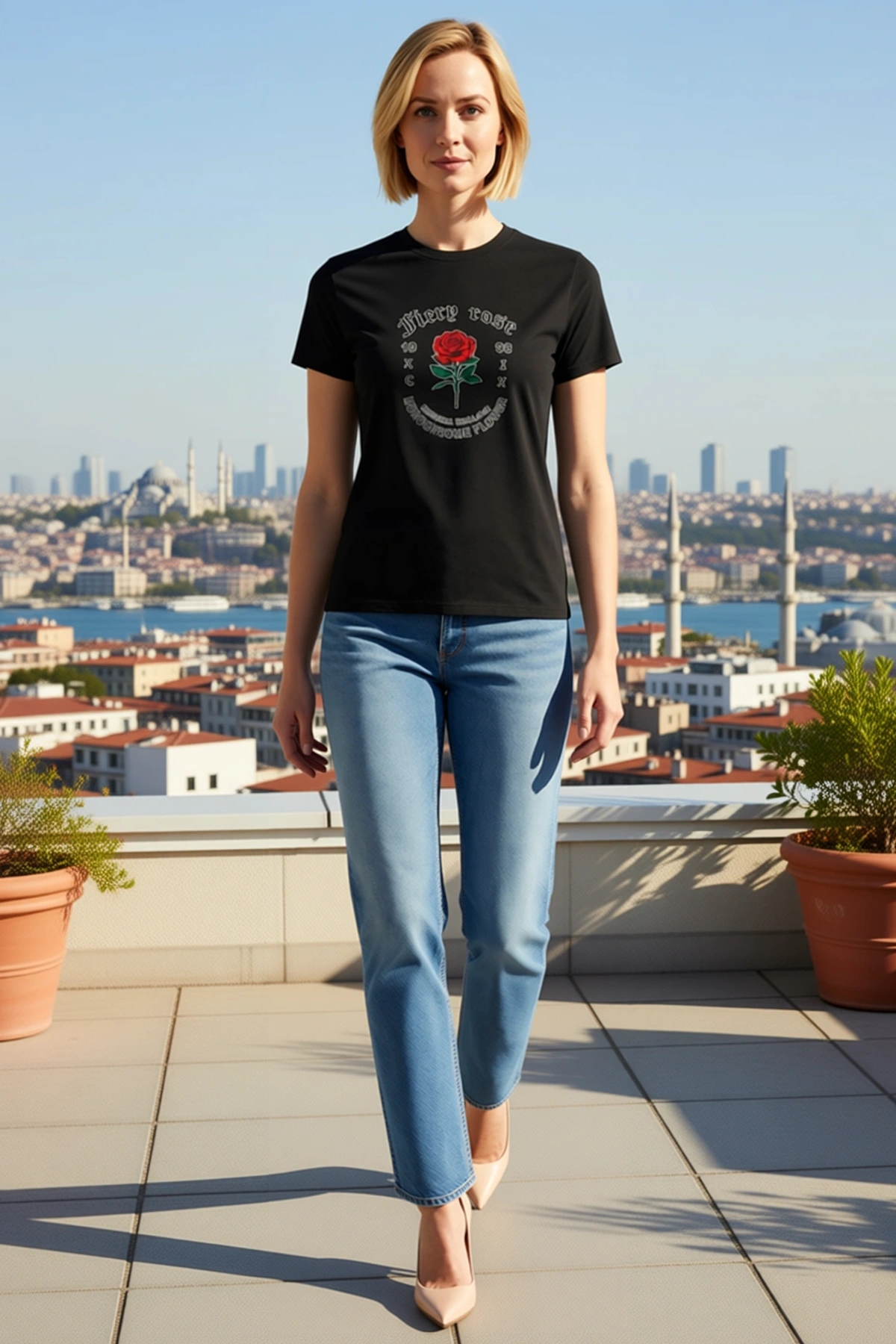 Kadın Bisiklet Yaka Kısa Kollu Bol Kesim Gül Desenli Gotik Yazılı Baskılı Tişört Rahat Sokak Modern