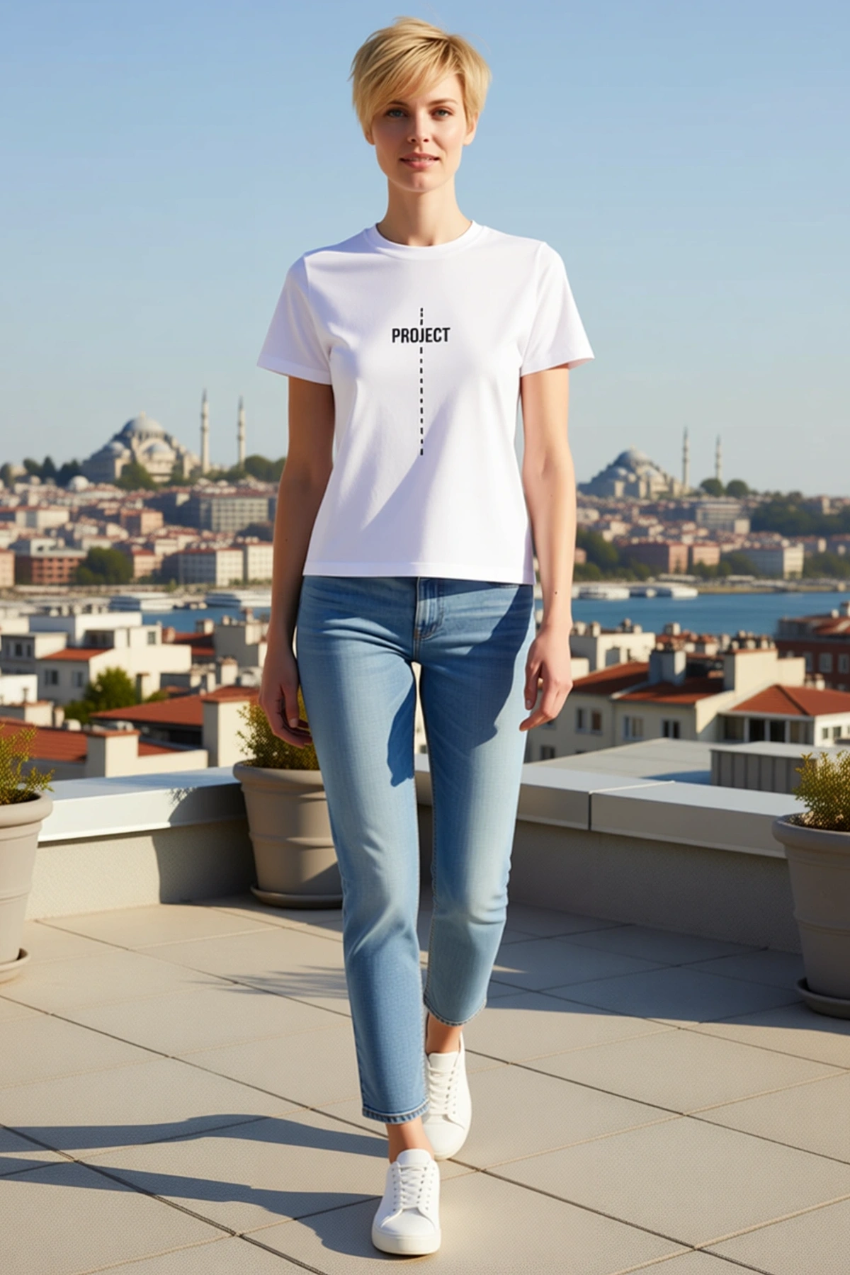 Kadın Bisiklet Yaka Kısa Kollu Rahat Kesim Project Yazılı Kesikli Çizgi Baskılı Tişört Günlük Modern