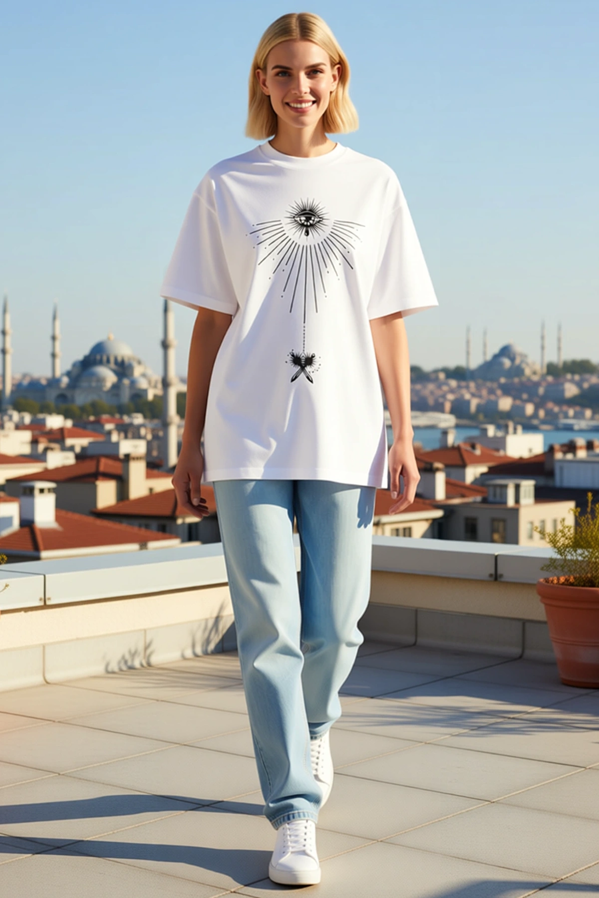 Kadın Bisiklet Yaka Oversize Düşük Omuz Güneş Işınlı Göz Motifli Çapraz Kılıçlı Baskılı Tişört Rahat