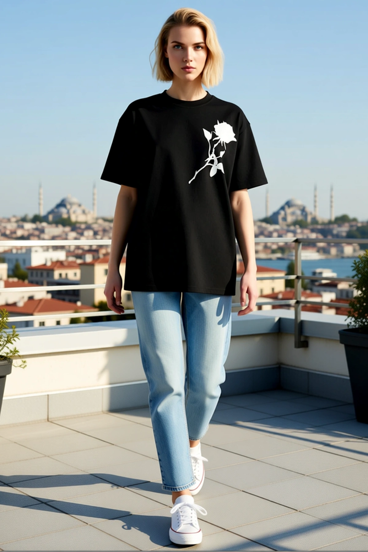 Kadın Bisiklet Yaka Oversize Tişört Omuz Üzerinde Gül Siluet Baskılı Düşük Kollu Günlük Rahat Kesim