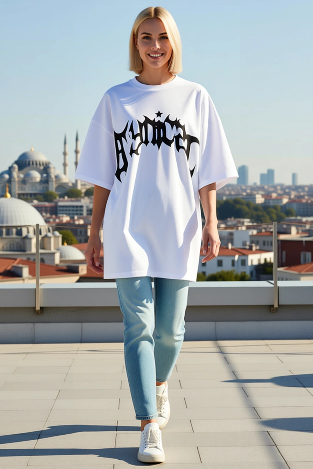 Kadın Bisiklet Yaka Oversize Tişört Gotik Harfli Yıldız Motifli Baskılı Düşük Omuzlu Salaş Rahat