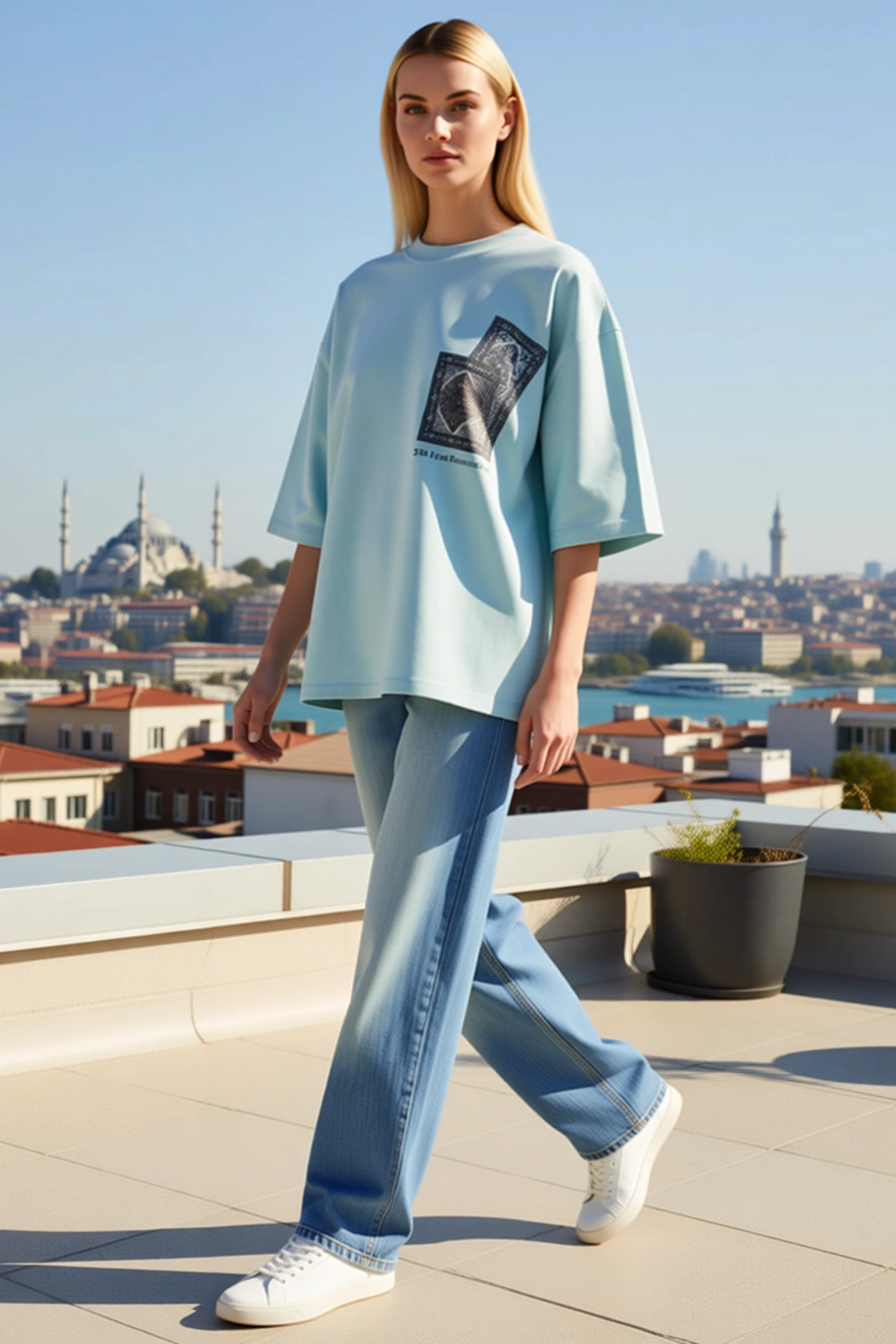 Kadın Bisiklet Yaka Oversize Tişört Göğüste Halı Desenli Kart Görünümlü Baskılı Düşük Omuzlu Rahat