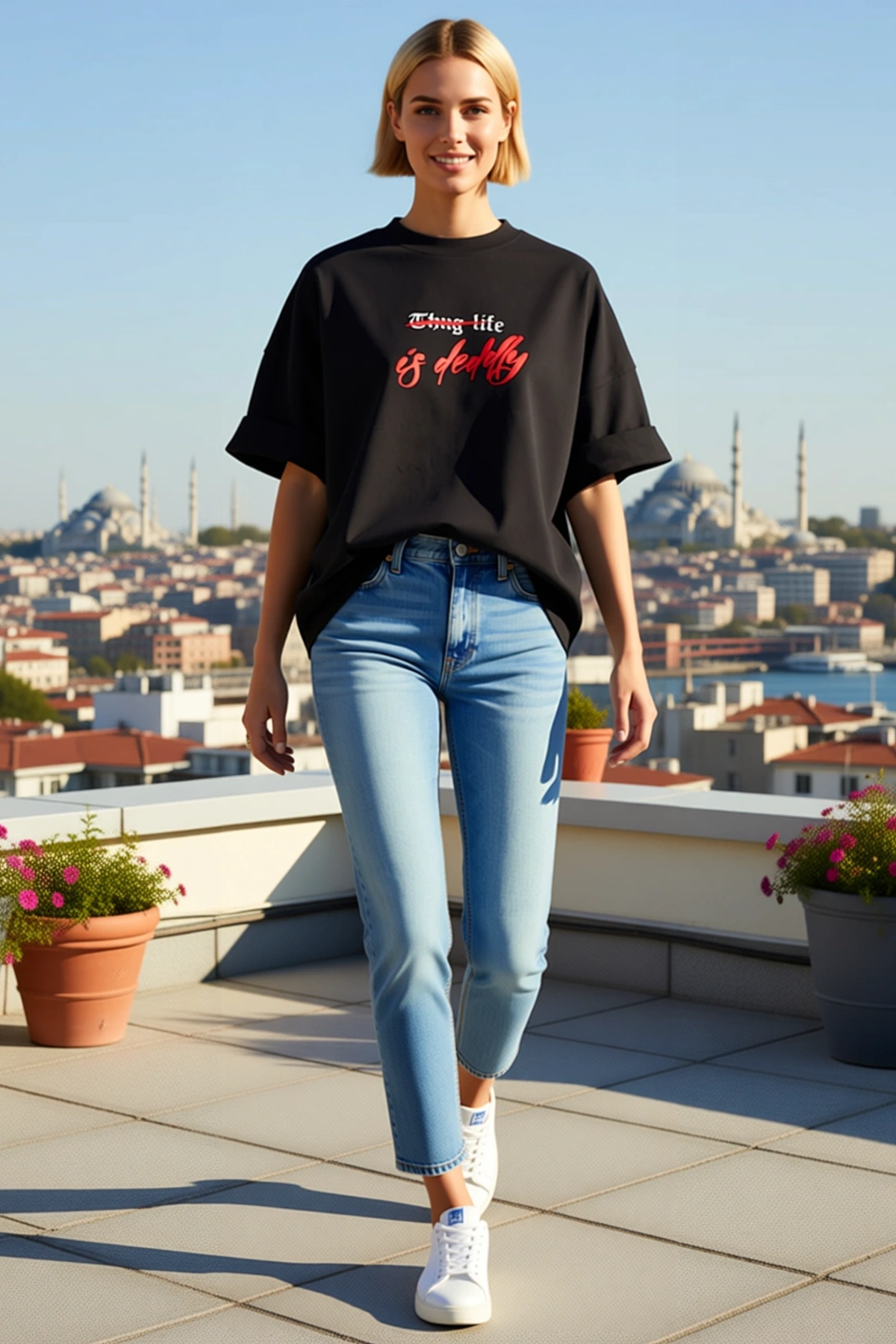 Kadın Bisiklet Yaka Oversize Tişört Üstü Çizili Gotik Yazı ve El Yazısı Baskılı Düşük Omuz Kollu