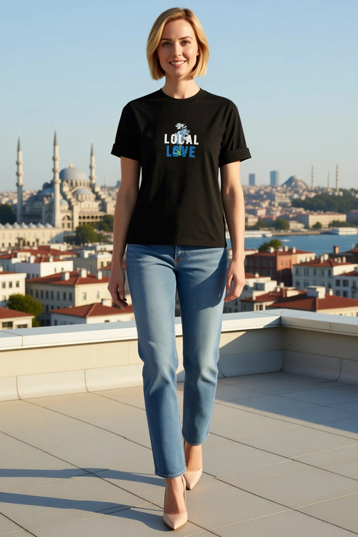 Kadın Bisiklet Yaka Oversize Tişört Çiçek Motifli Yazı Baskılı Düşük Omuz Kıvrık Kollu Rahat Kesim