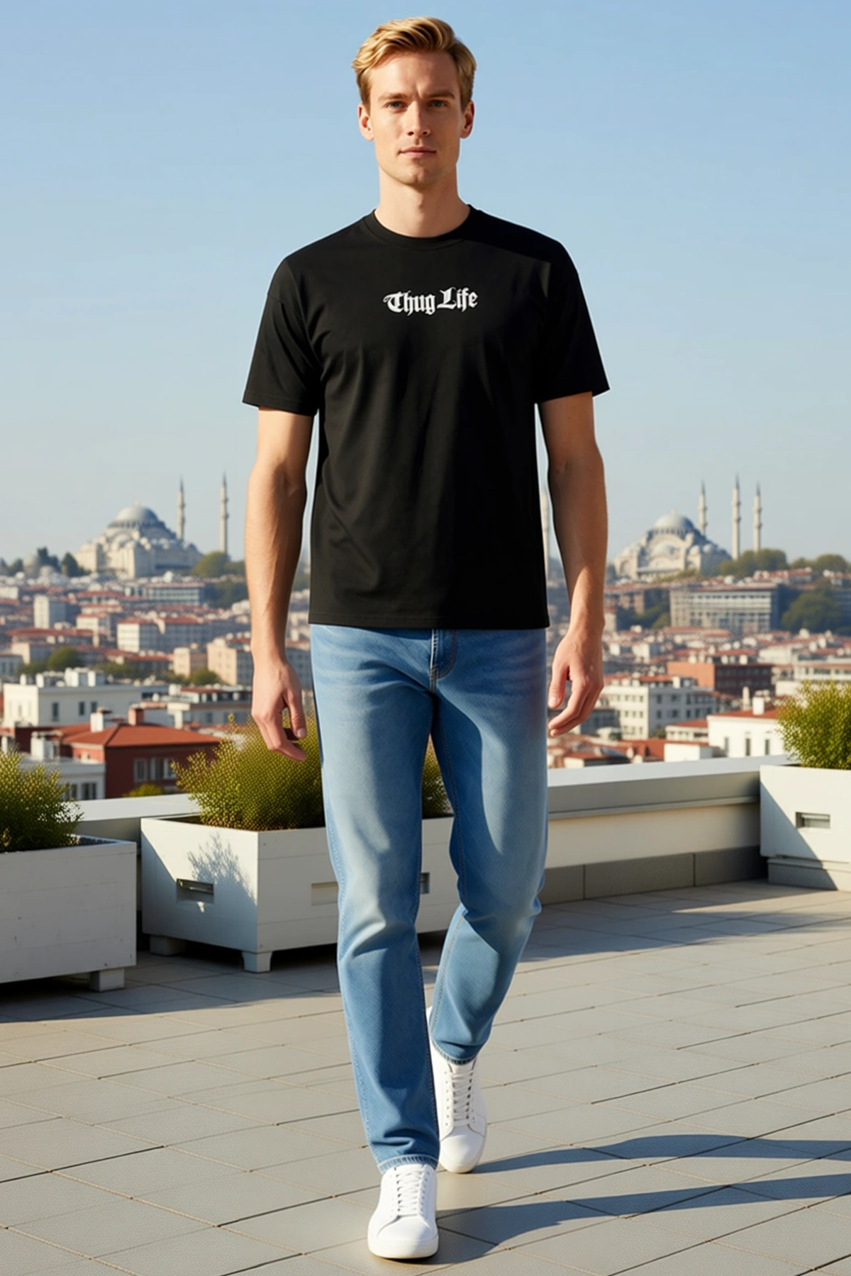 Erkek Bisiklet Yaka Kısa Kollu Oversize Gotik Yazılı Göğüs Baskılı Salaş Düşük Omuz Günlük Tişört