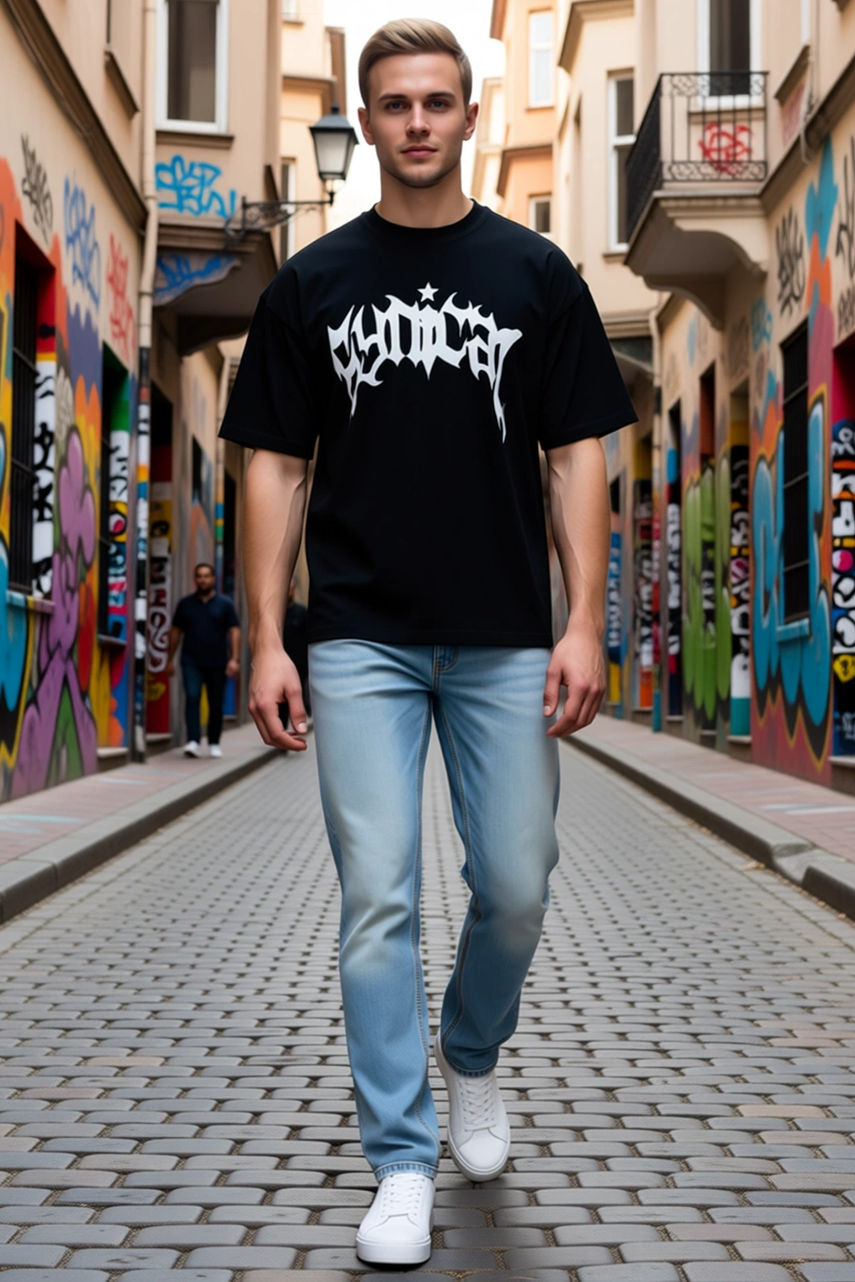 Erkek Bisiklet Yaka Kısa Kollu Oversize Büyük Gotik Logo Baskılı Yıldız Detaylı Düşük Omuz Tişört