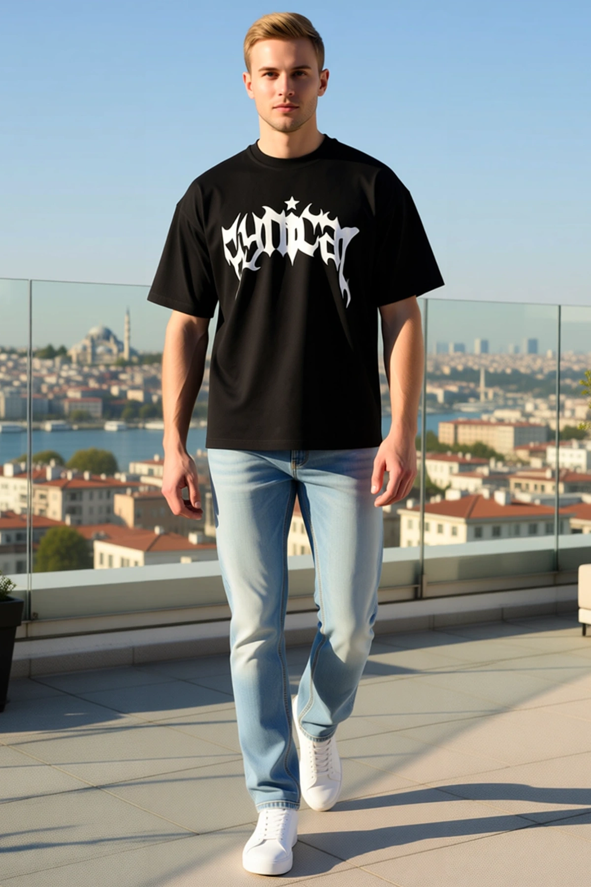 Erkek Bisiklet Yaka Kısa Kollu Oversize Büyük Gotik Logo Baskılı Yıldız Detaylı Düşük Omuz Tişört