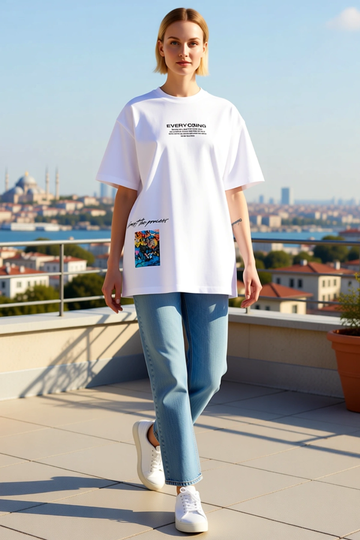 Kadın Bisiklet Yaka Kısa Kollu Oversize Uzun Boy Yazı ve Grafiti Baskılı Salaş Düşük Omuz Tişört
