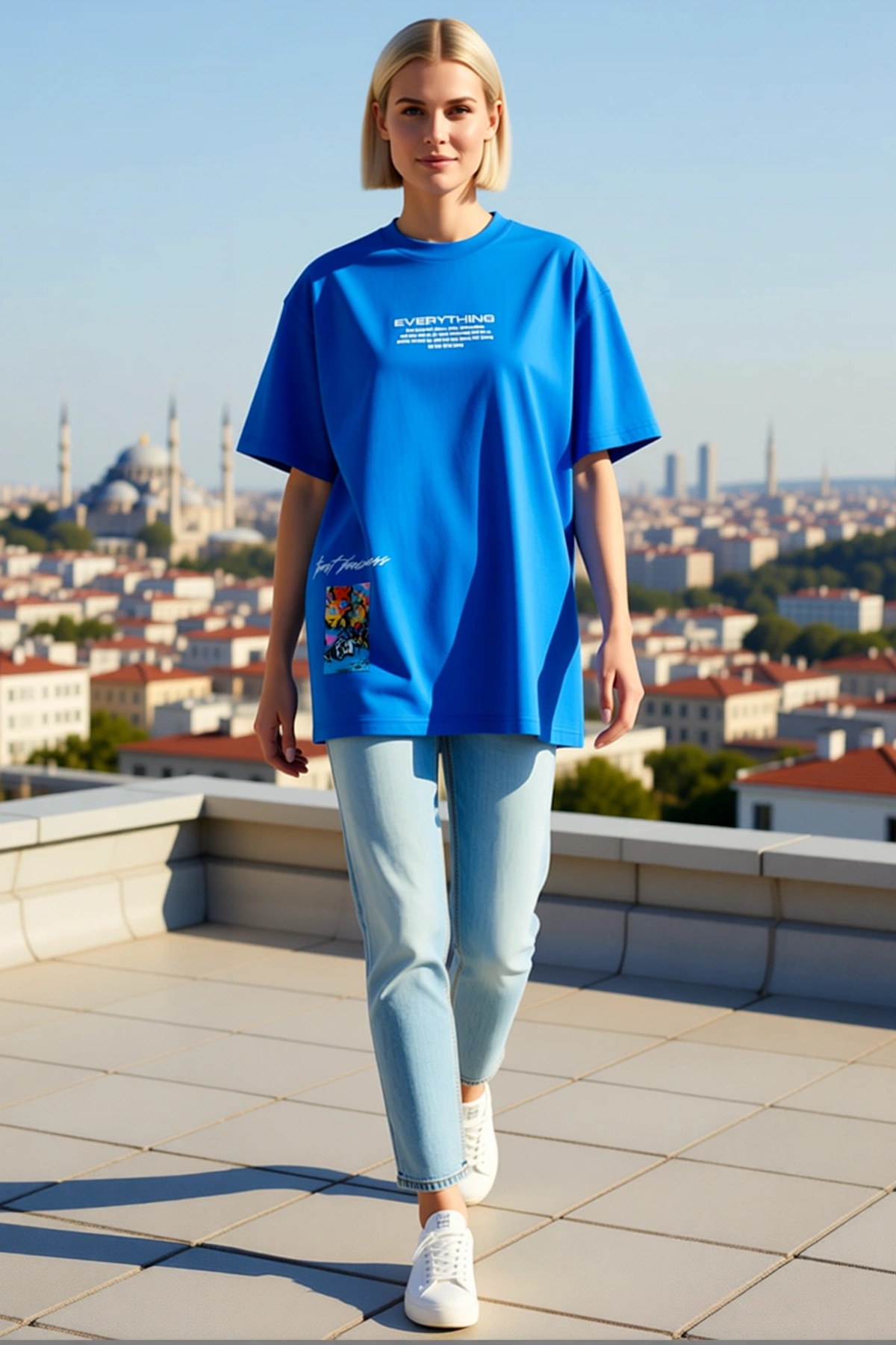 Kadın Bisiklet Yaka Kısa Kollu Oversize Uzun Boy Dalgalı Yazı ve Grafiti Baskılı Düşük Omuz Tişört
