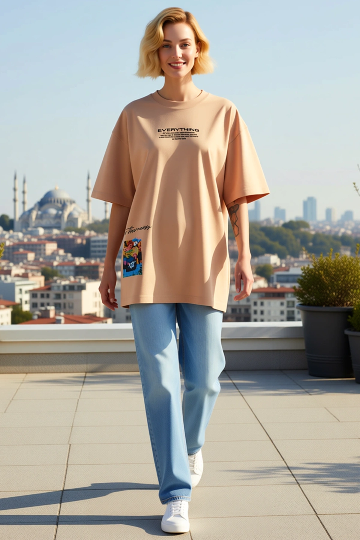 Kadın Bisiklet Yaka Kısa Kollu Oversize Uzun Boy Yazı Baskılı Grafiti Panelli Salaş Kesim Tişört