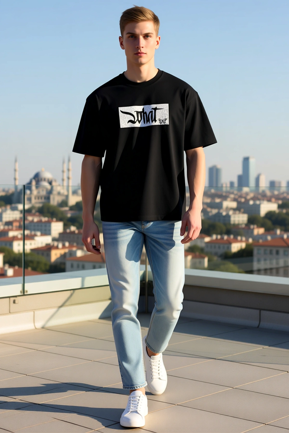 Erkek Bisiklet Yaka Baskılı Oversize Kısa Kollu Düşük Omuz Rahat Kalıp Grafik Desenli Günlük Tişört