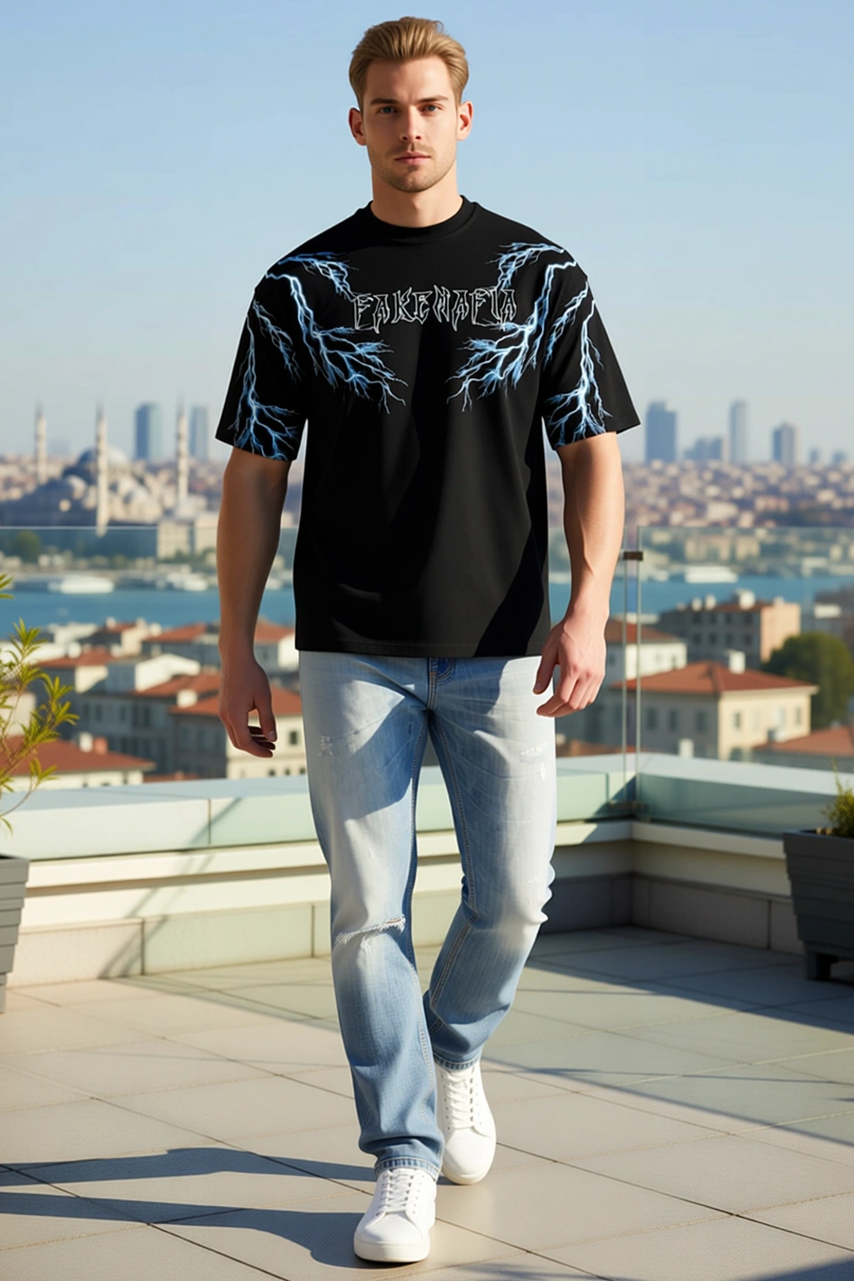Erkek Bisiklet Yaka Baskılı Oversize Kısa Kollu Şimşek Desenli Gotik Yazılı Düşük Omuz Günlük Tişört