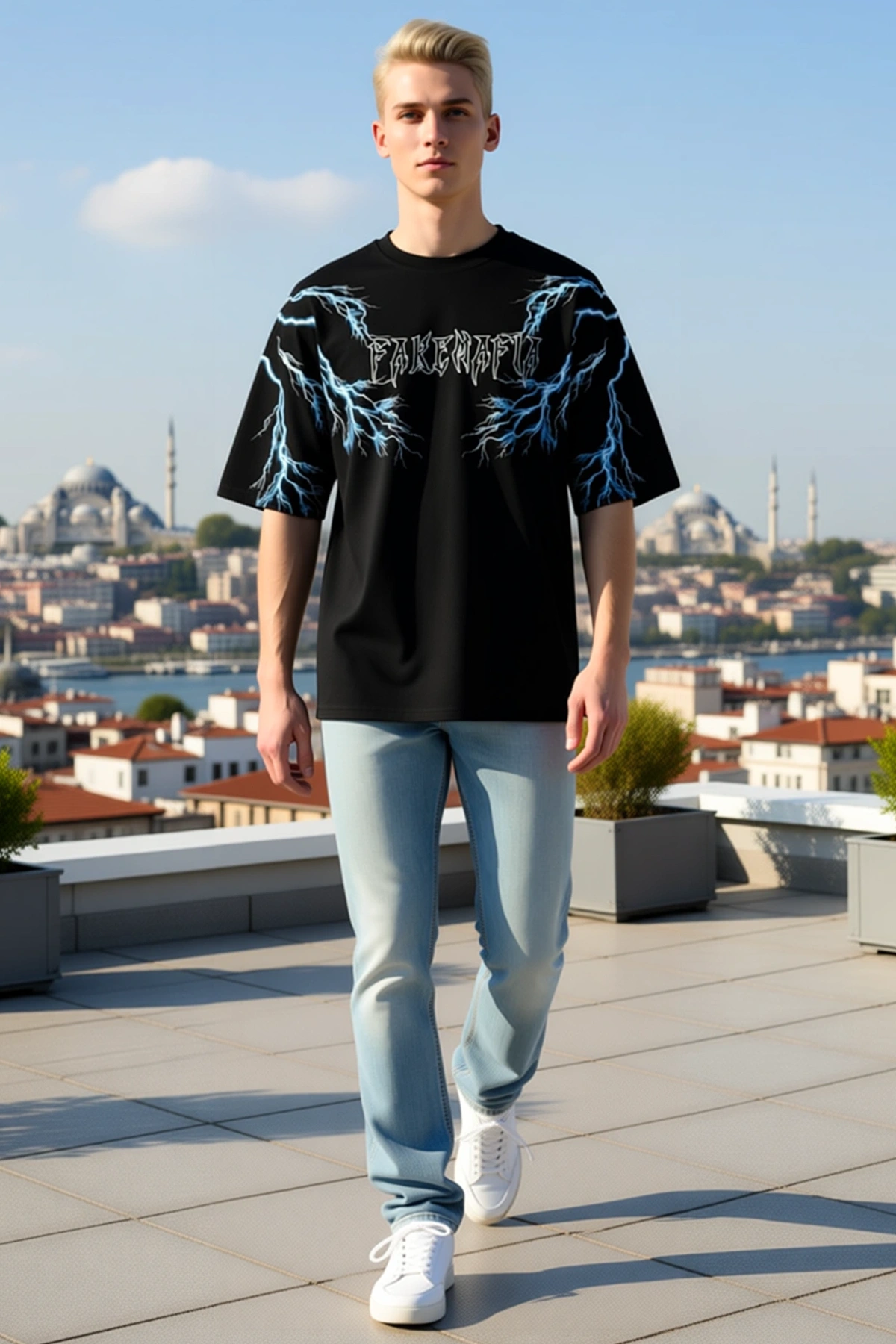 Erkek Bisiklet Yaka Baskılı Oversize Kısa Kollu Şimşek Desenli Gotik Yazılı Geniş Kalıp Rahat Tişört
