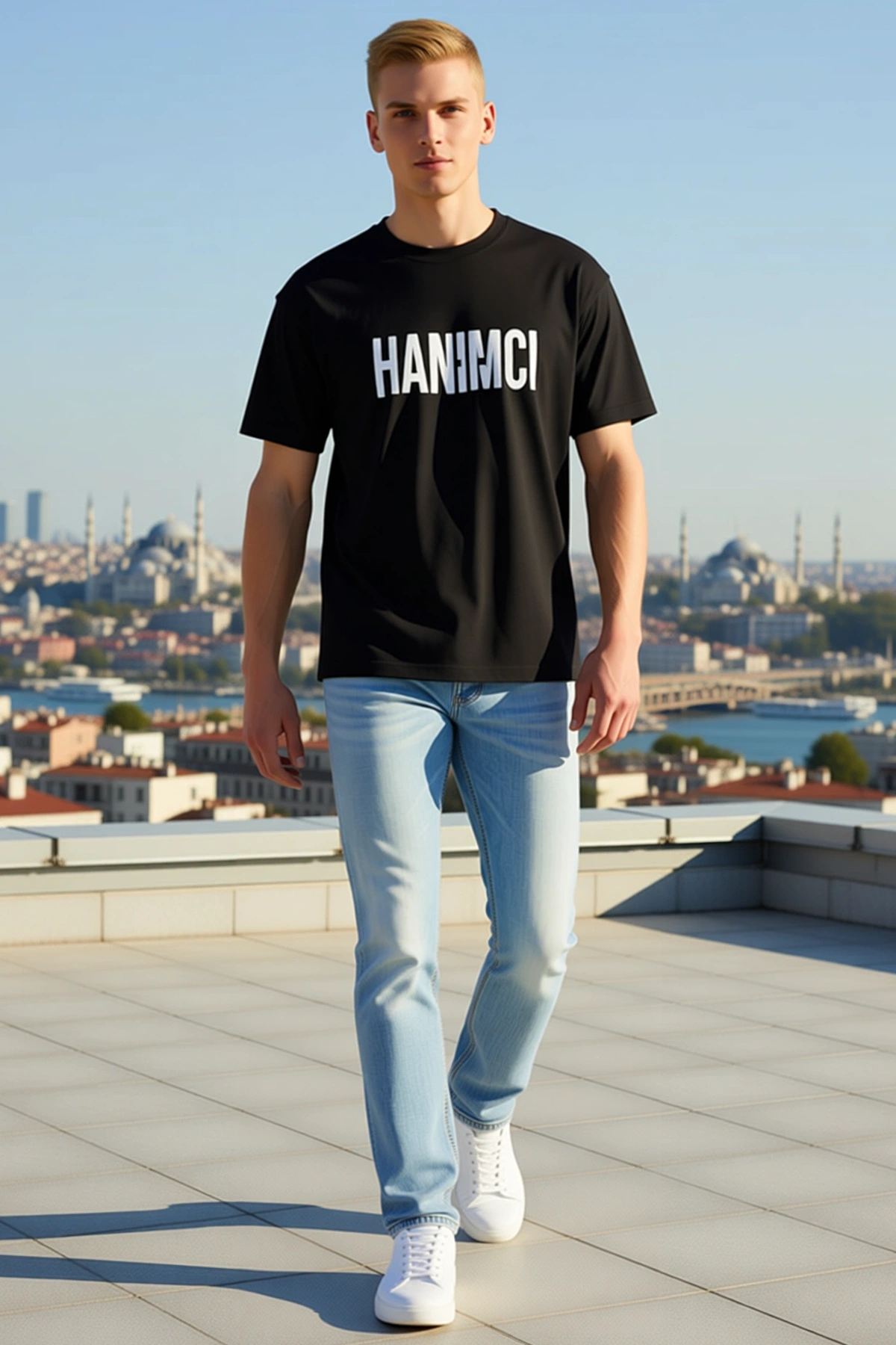 Erkek Bisiklet Yaka Büyük Yazı Baskılı Oversize Kısa Kollu Geometrik Harfli Düşük Omuz Rahat Tişört