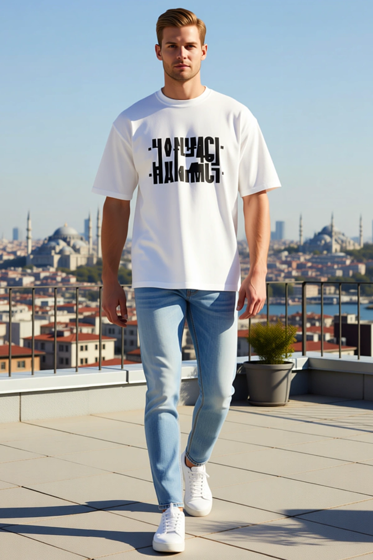 Erkek Bisiklet Yaka Oversize Büyük Yazı Baskılı Kısa Kollu Dikiş Detaylı Düşük Omuz Rahat Tişört