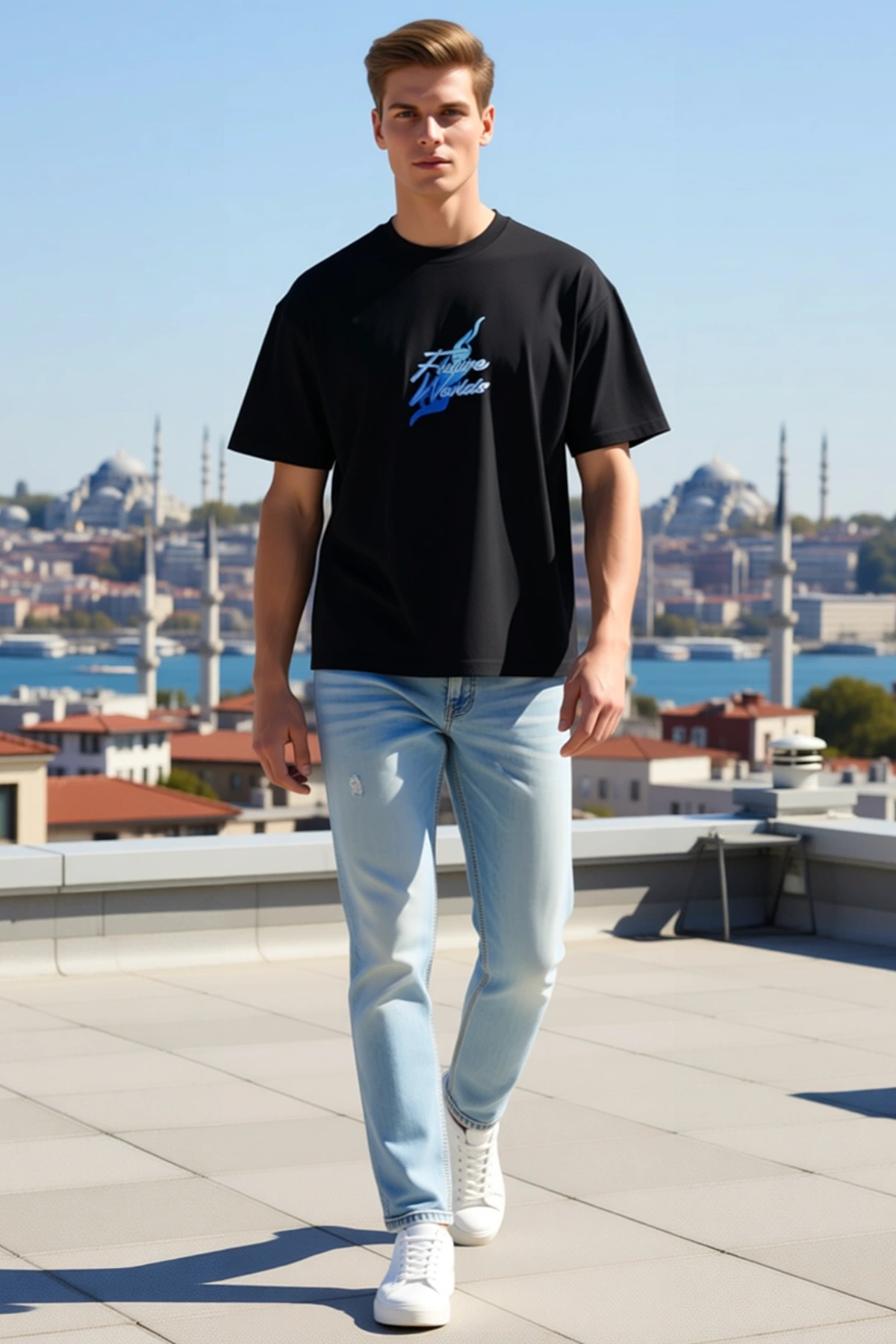 Erkek Bisiklet Yaka Oversize Tişört Ön Ortada Alev Figürlü El Yazısı Baskılı Kısa Kollu Rahat Kesim