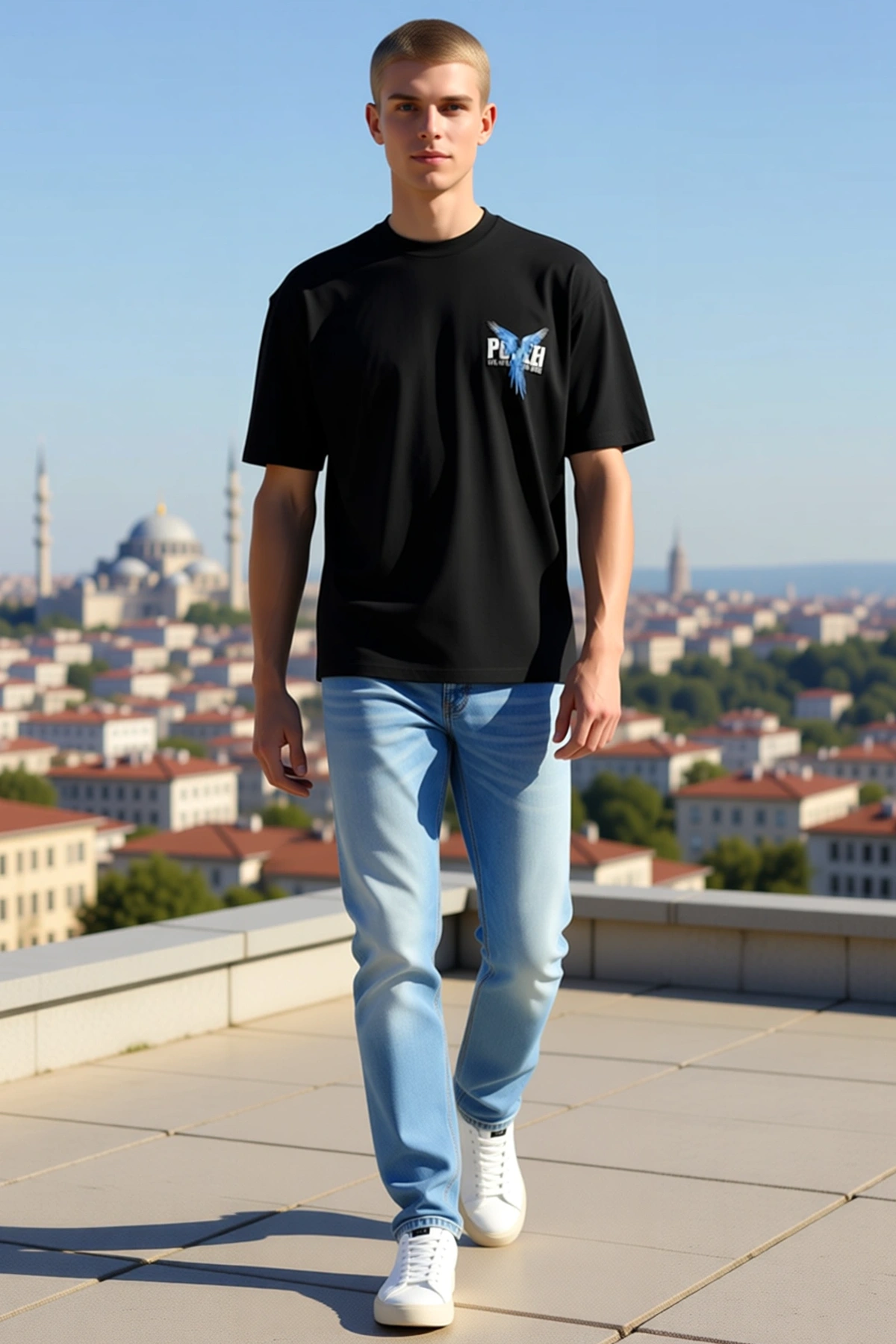 Erkek Bisiklet Yaka Oversize Kısa Kollu Papağan Baskılı Tişört Düşük Omuzlu Rahat Kesim Günlük Giyim
