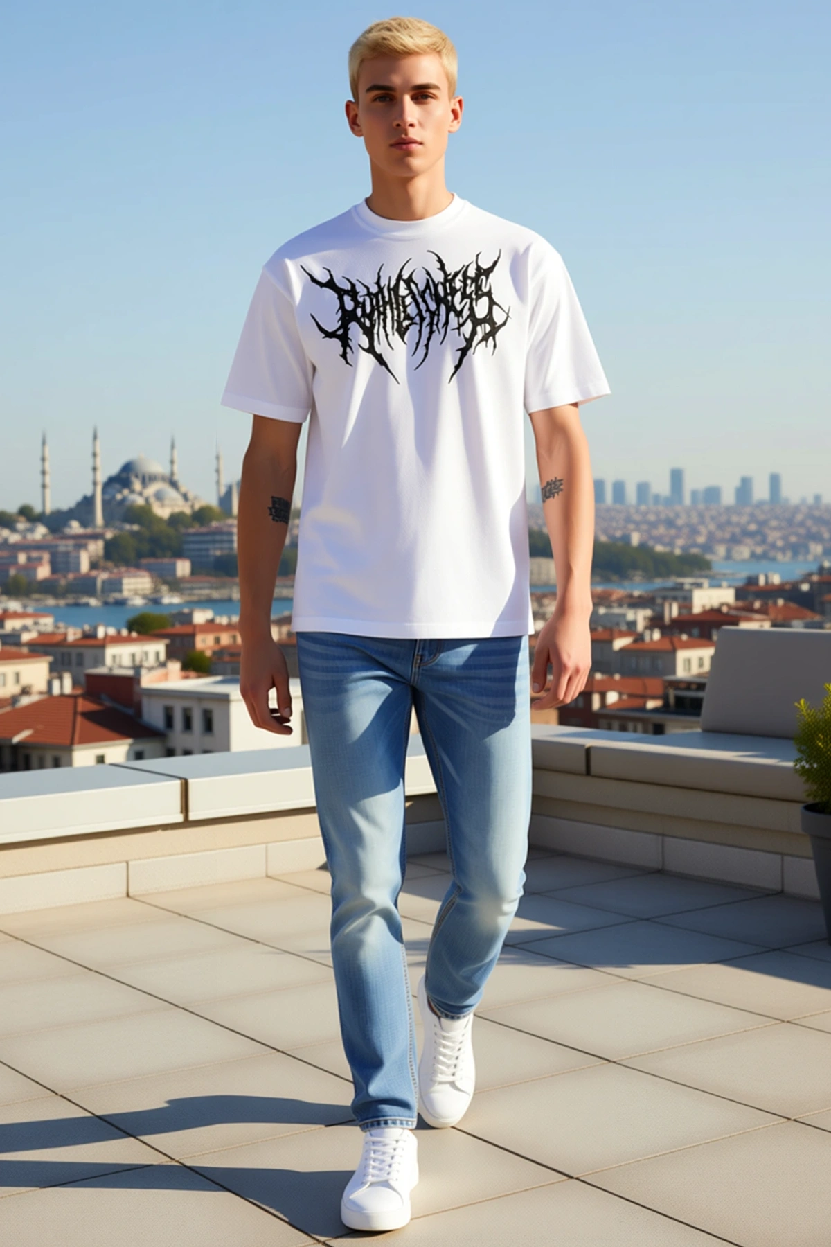 Erkek Bisiklet Yaka Oversize Kısa Kollu Gotik Yazı Büyük Ön Baskılı Tişört Rahat Kesim Günlük Giyim