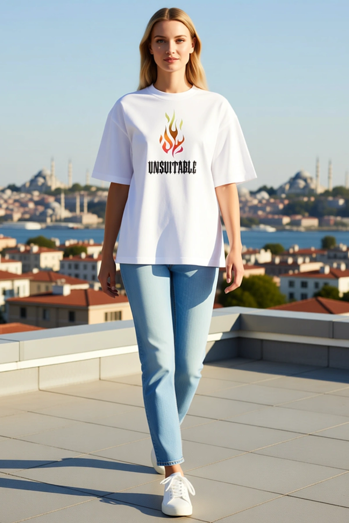Kadın Bisiklet Yaka Alev Baskılı Oversize Kısa Kollu Düşük Omuzlu Günlük Konforlu Rahat Kesim Tişört