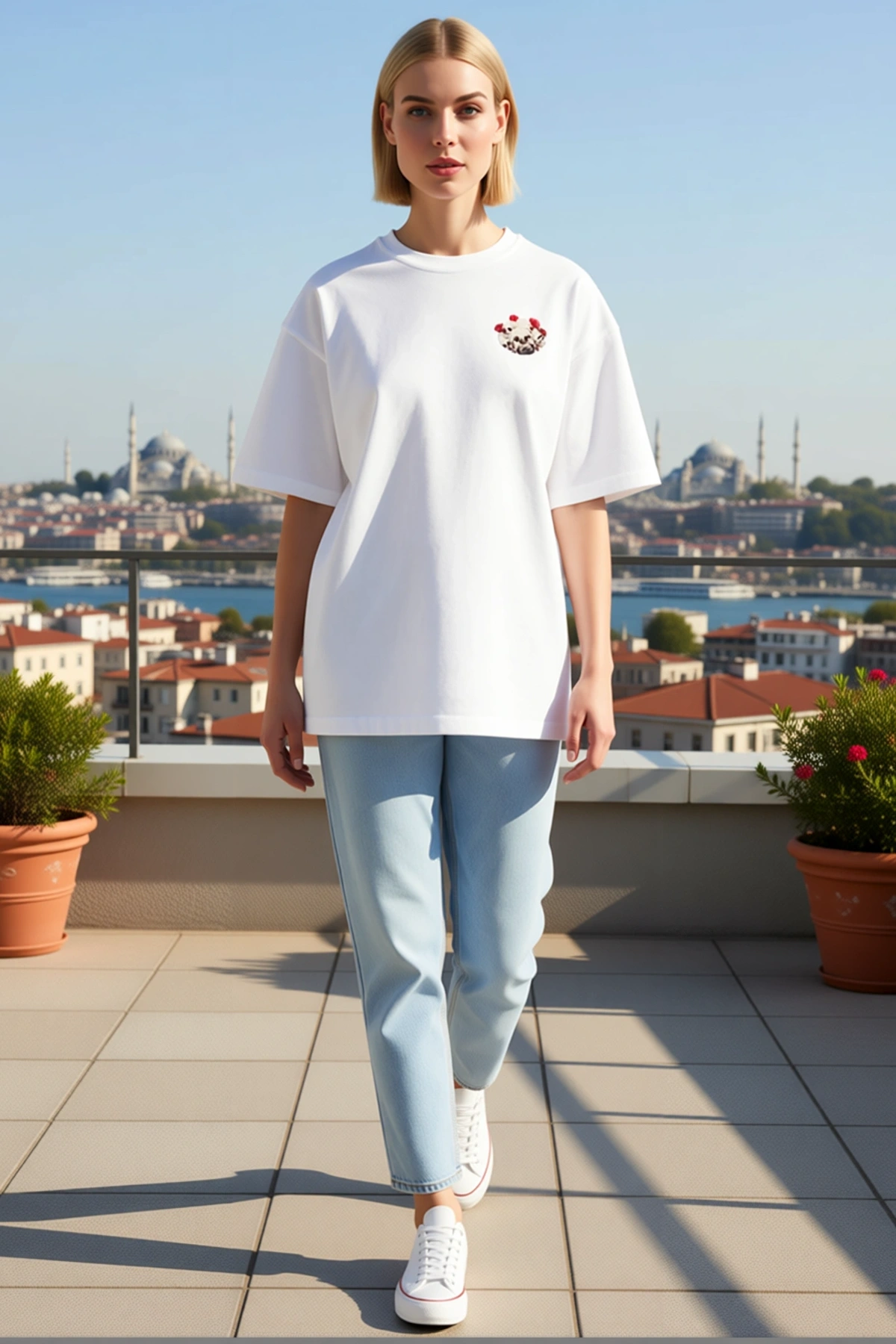 Kadın Oversize Bisiklet Yaka Kafatası ve Gül Nakışlı Göğüs Baskılı Kısa Kollu Rahat Günlük Tişört