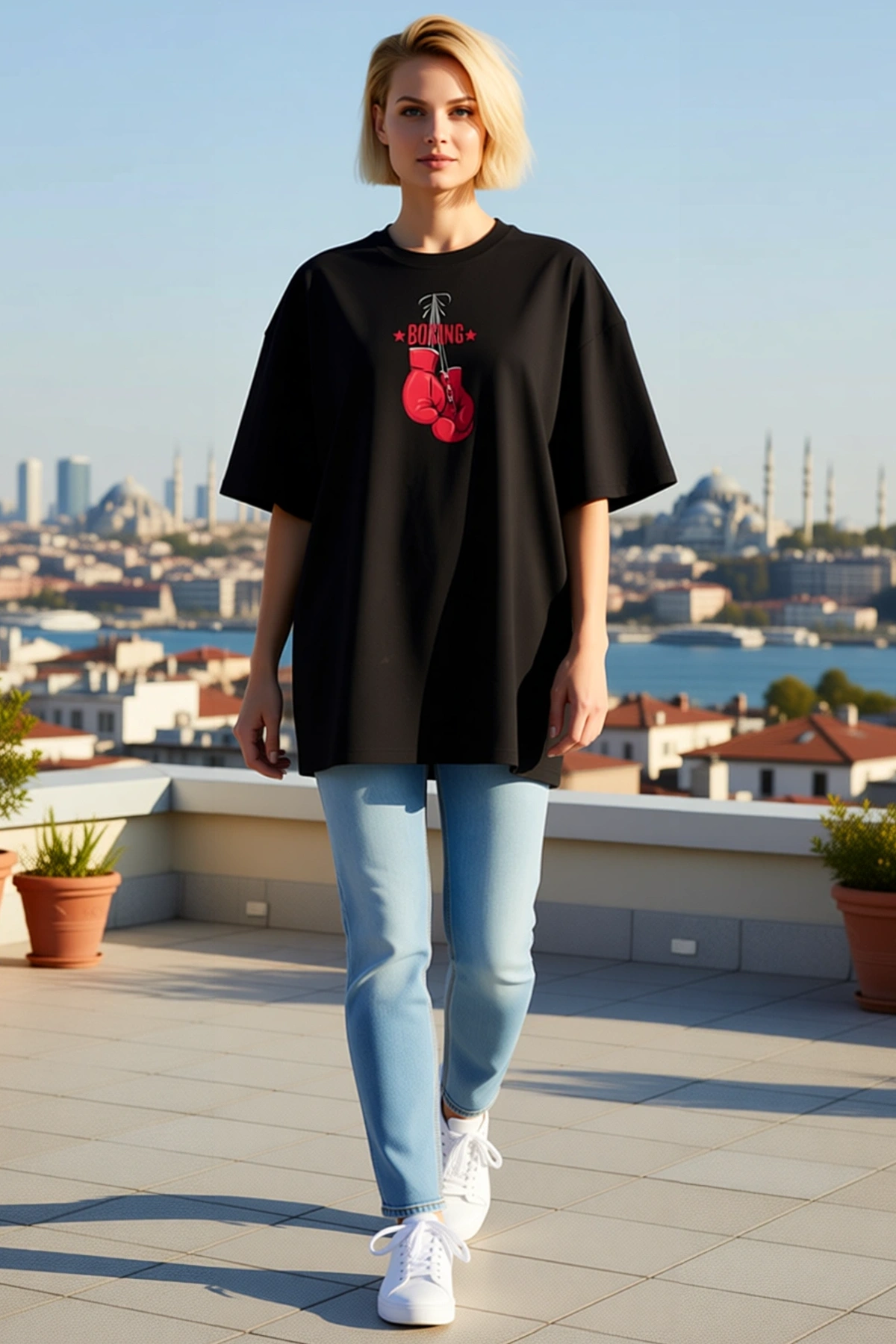 Kadın Bisiklet Yaka Boks Eldiveni Baskılı Oversize Kısa Kollu Düşük Omuz Günlük Modern Rahat Tişört