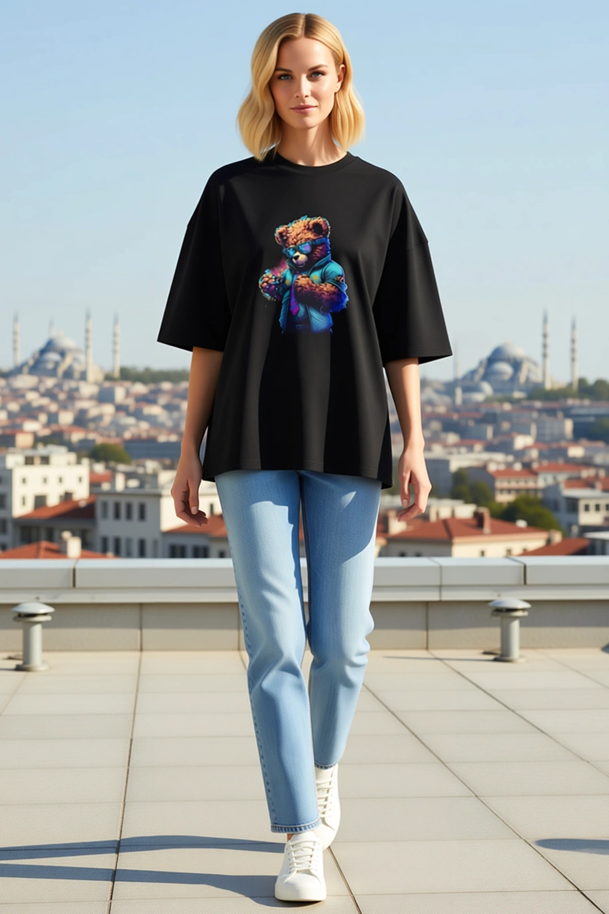 Kadın Bisiklet Yaka Oversize Kalıp Ayıcık Figür Baskılı Kısa Kollu Günlük Rahat Boyfriend Tişört