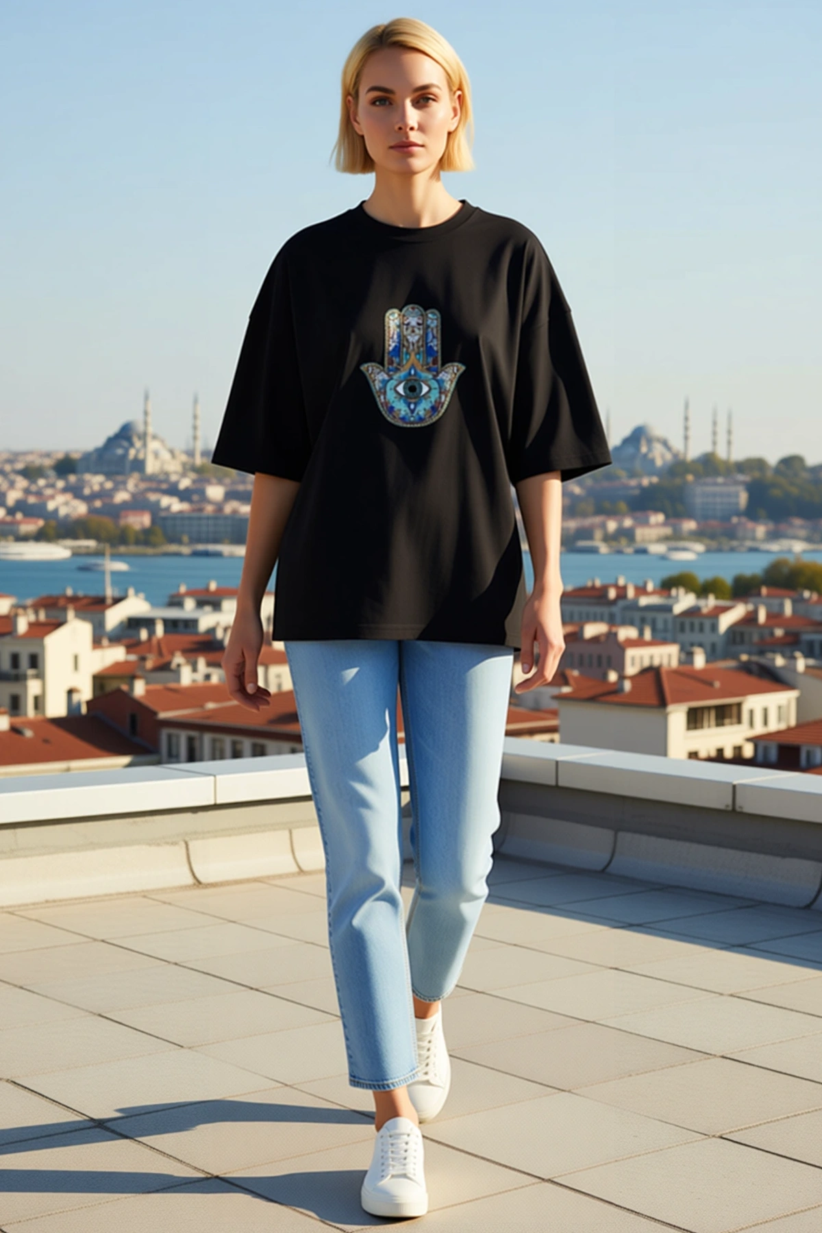 Kadın Bisiklet Yaka Oversize Kalıp Fatma Eli Nazar Gözü Desenli Baskılı Kısa Kollu Rahat Tişört