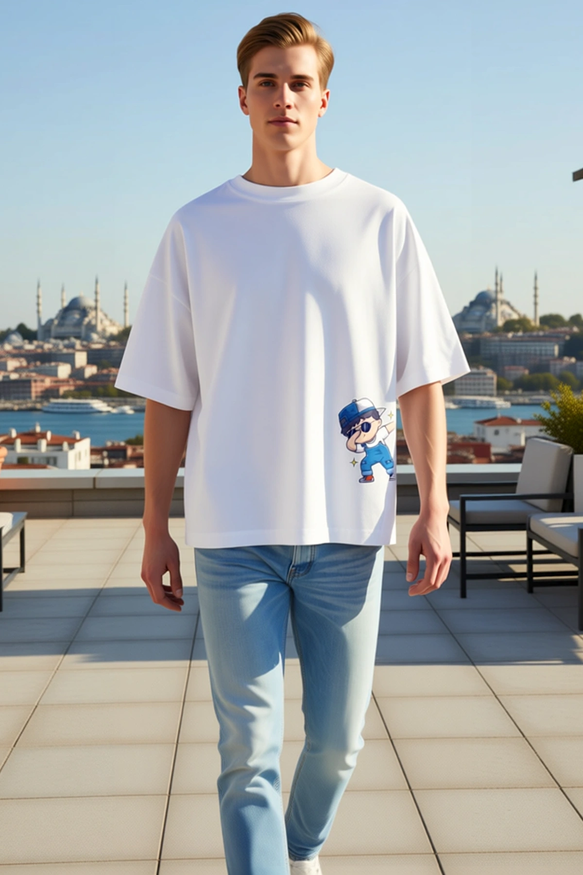 Erkek Oversize Kesim Bisiklet Yakalı Kısa Kollu Gözlüklü Kasketli Çocuk Figürlü Baskılı Rahat Tişört