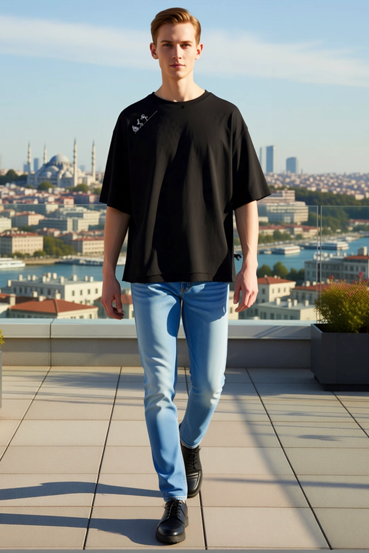 Erkek Bisiklet Yaka Oversize Kalıp Omuz Çizgisi Çubuk Adam Figürlü Baskılı Kısa Kollu Günlük Tişört