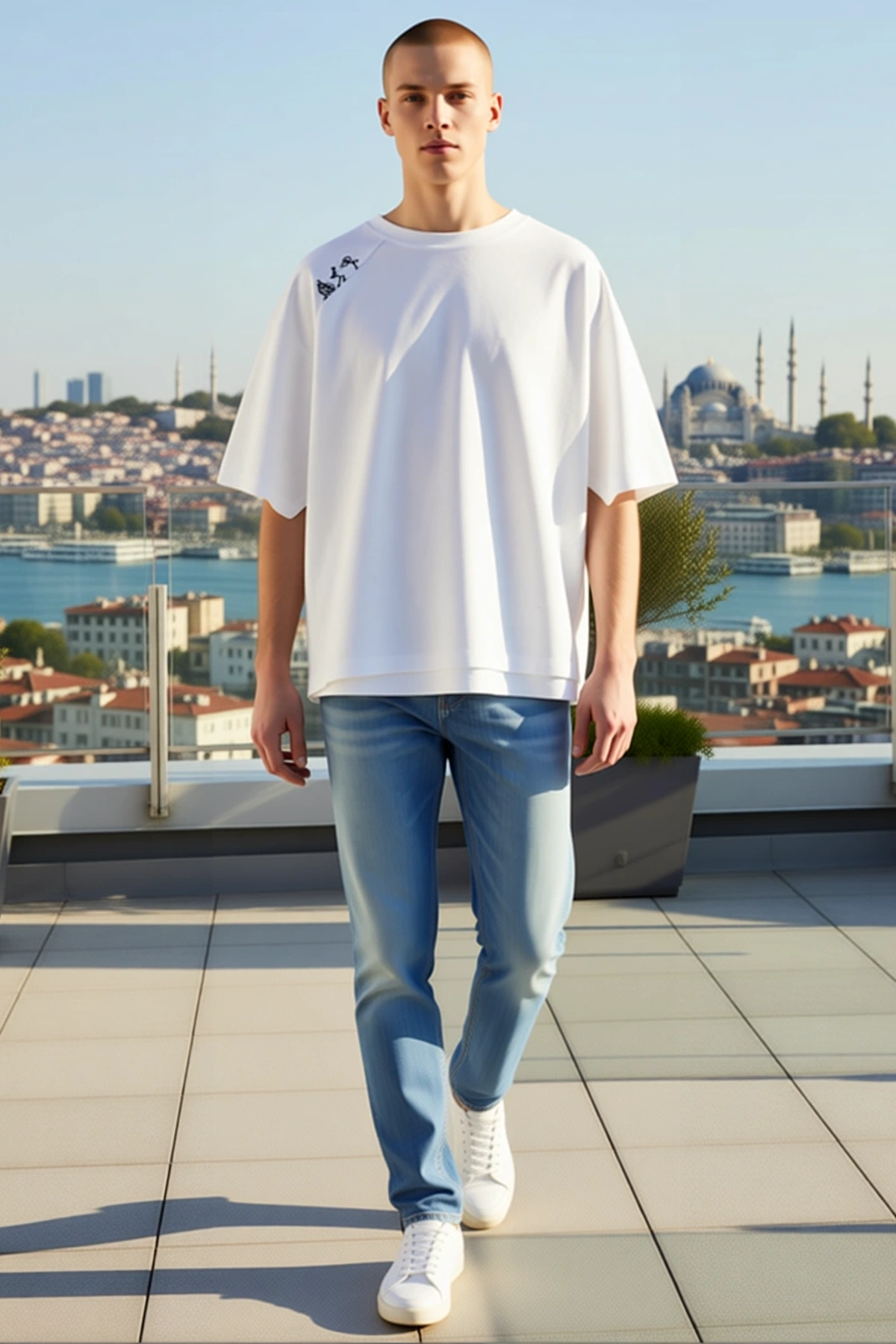 Erkek Bisiklet Yaka Oversize Kalıp Sol Omuz Çubuk Adam Figürlü Çizgili Baskılı Kısa Kollu Tişört