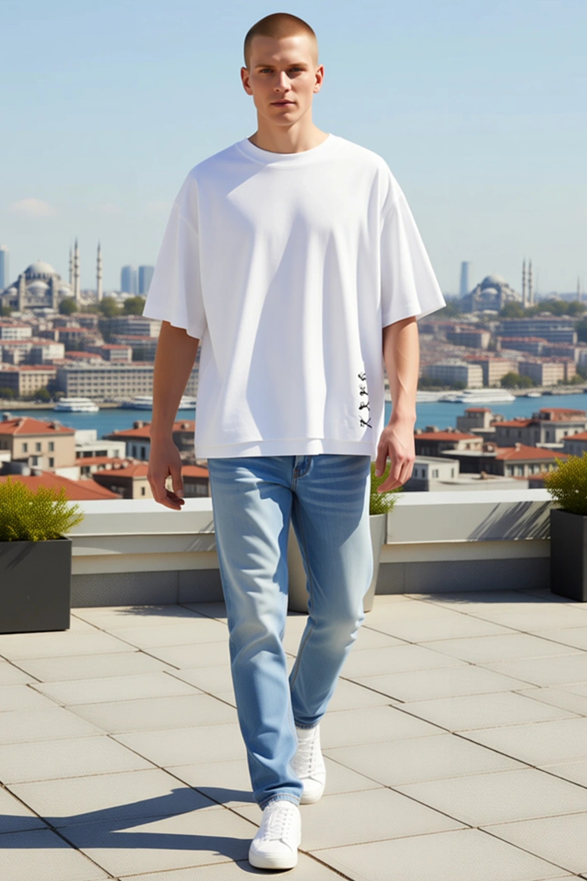 Erkek Oversize Kesim Bisiklet Yakalı Kısa Kollu Alt Kenar Dikey Çubuk Adam Figürlü Baskılı Tişört