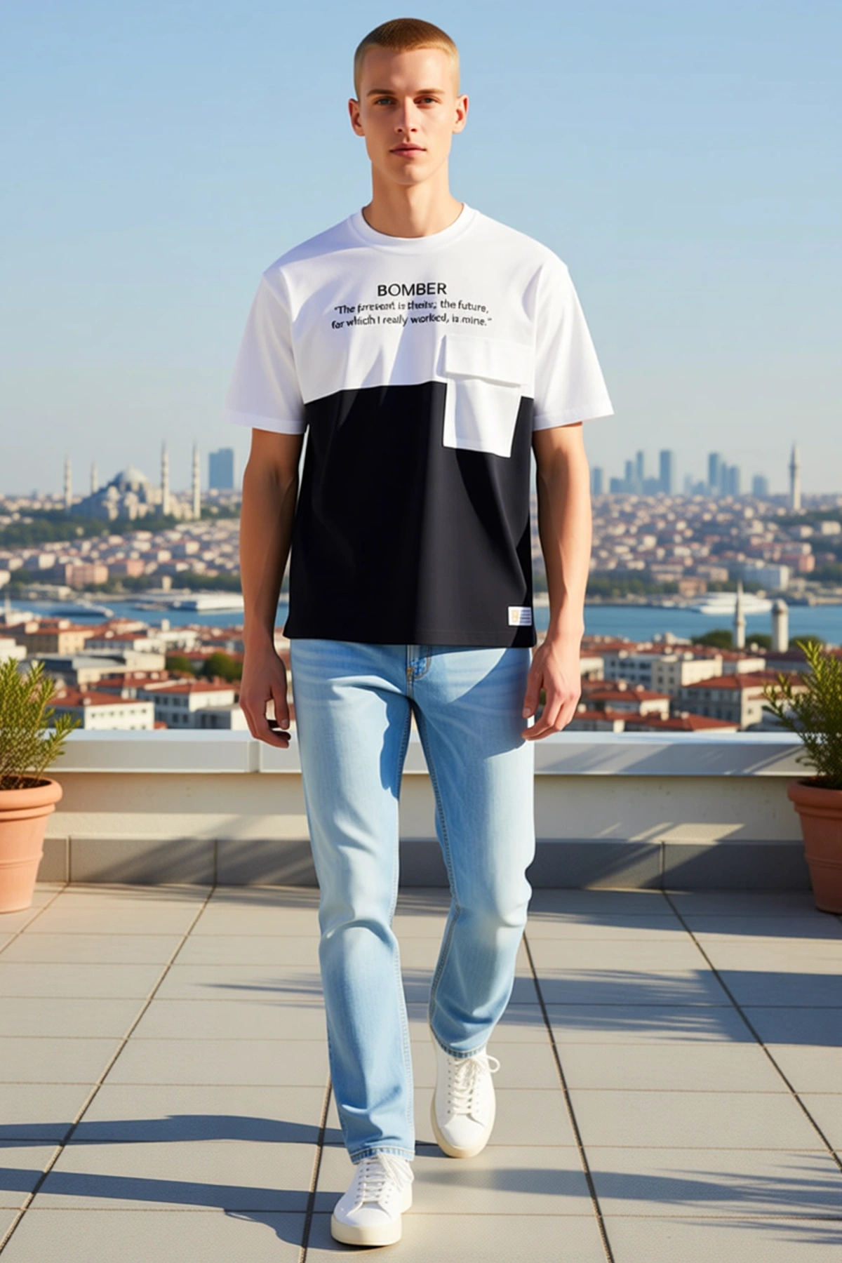 Erkek Oversize Bisiklet Yaka Yazı Baskılı Parçalı Kapaklı Cep Detaylı Kısa Kollu Etiketli Tişört