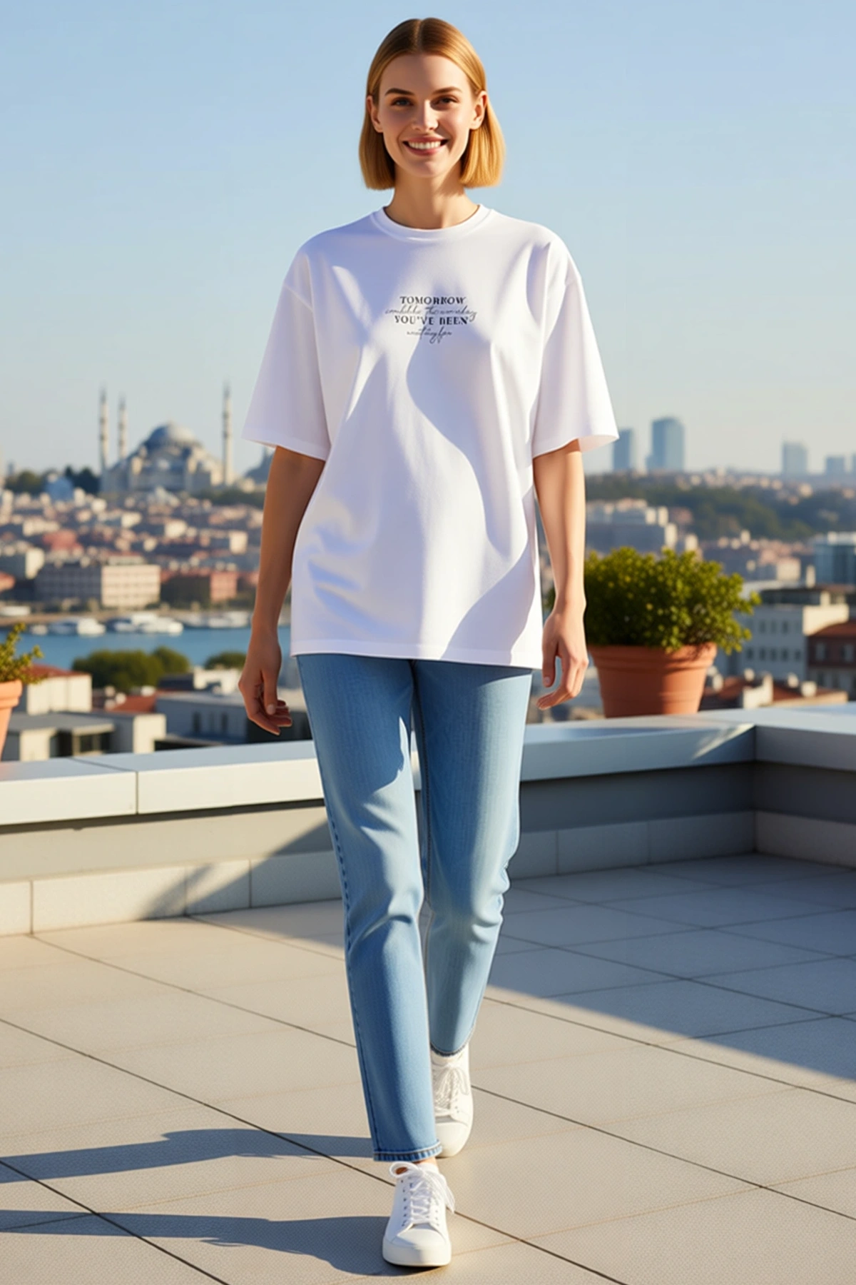 Kadın Oversize Bisiklet Yaka Göğüs Ortası Yazı Baskılı Düşük Omuz Kısa Kollu Rahat Günlük Tişört