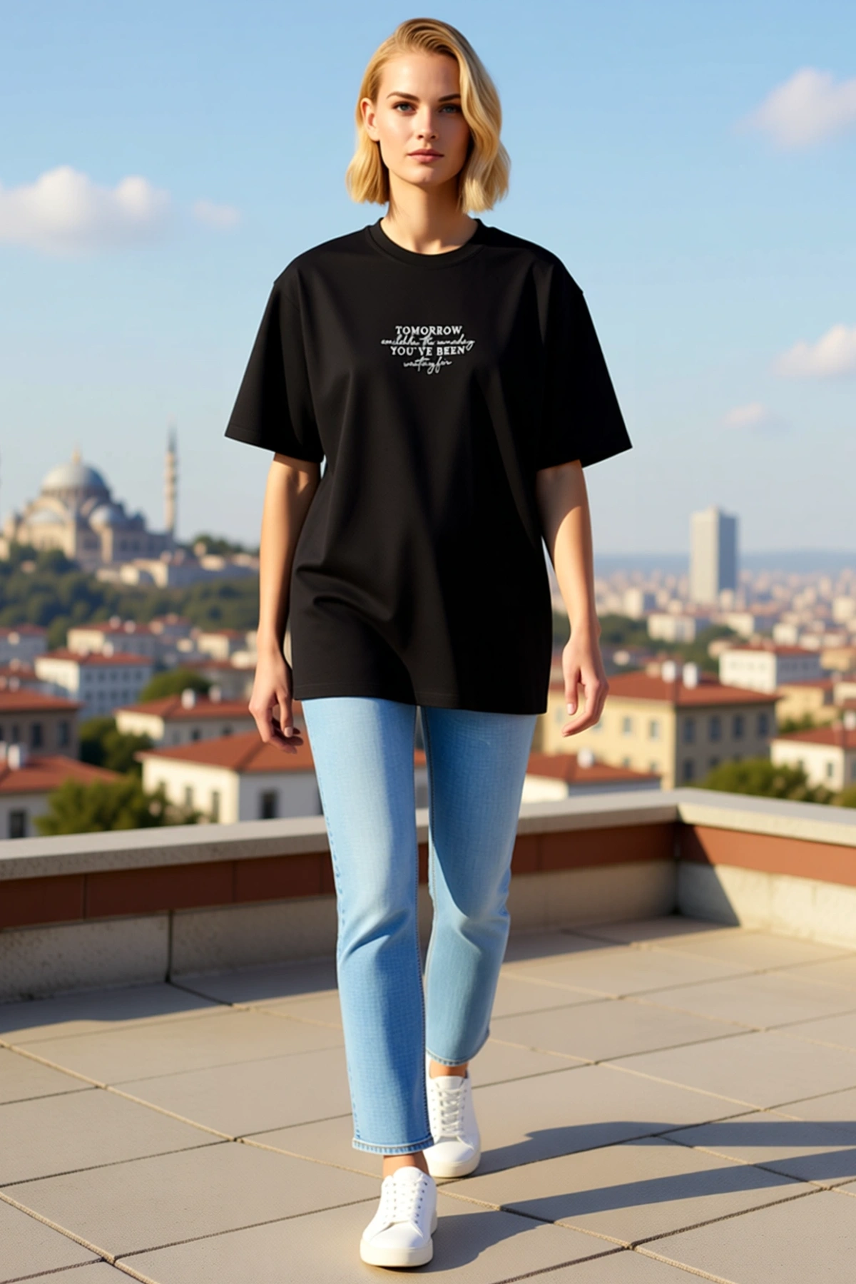 Kadın Oversize Bisiklet Yaka Slogan Yazılı Baskı Detaylı Geniş Kesim Düşük Omuzlu Kısa Kollu Tişört