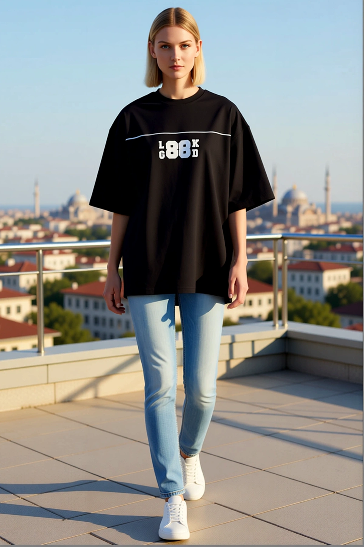 Kadın Oversize Bisiklet Yaka Spor Tarzı Harf Baskılı Göğüs Biyeli Düşük Omuzlu Kısa Kollu Tişört