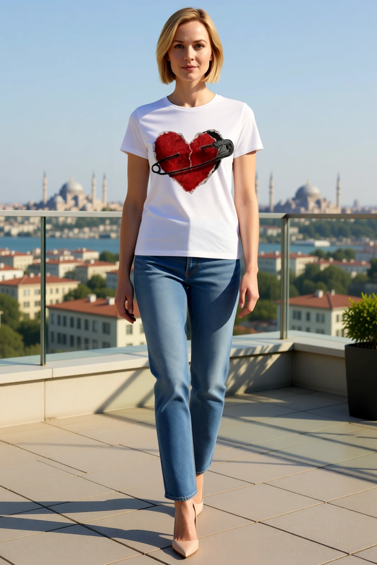 Kadın Oversize Bisiklet Yaka Kırık Kalp Çengelli İğne Baskılı Düşük Omuz Geniş Kollu Günlük Tişört