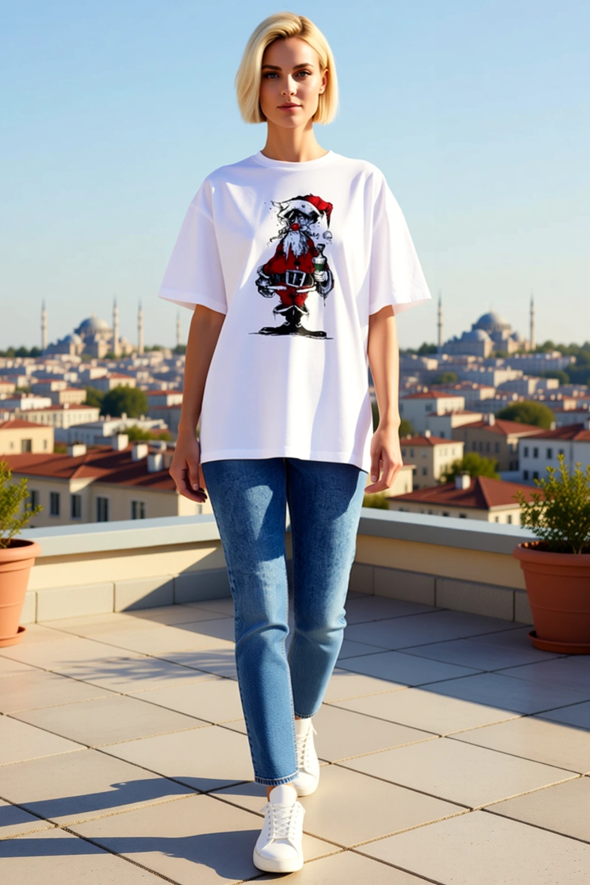 Kadın Oversize Bisiklet Yaka Noel Baba Çizim Baskılı Düşük Omuz Geniş Kollu Yılbaşı Günlük Tişört