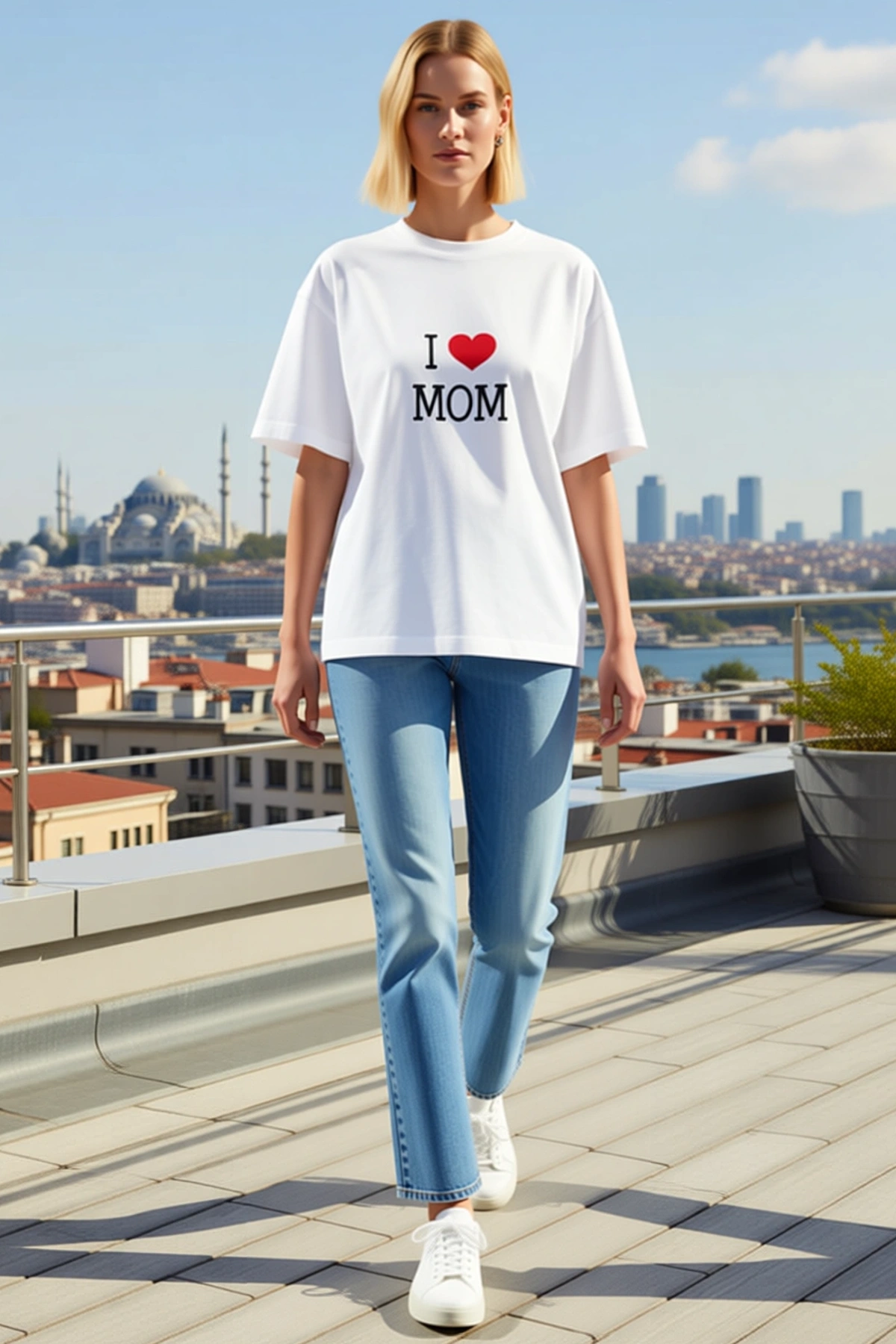 Kadın Oversize Bisiklet Yaka Anne Sevgisi Yazılı Kalp Baskılı Düşük Omuz Kısa Kollu Hediyelik Tişört