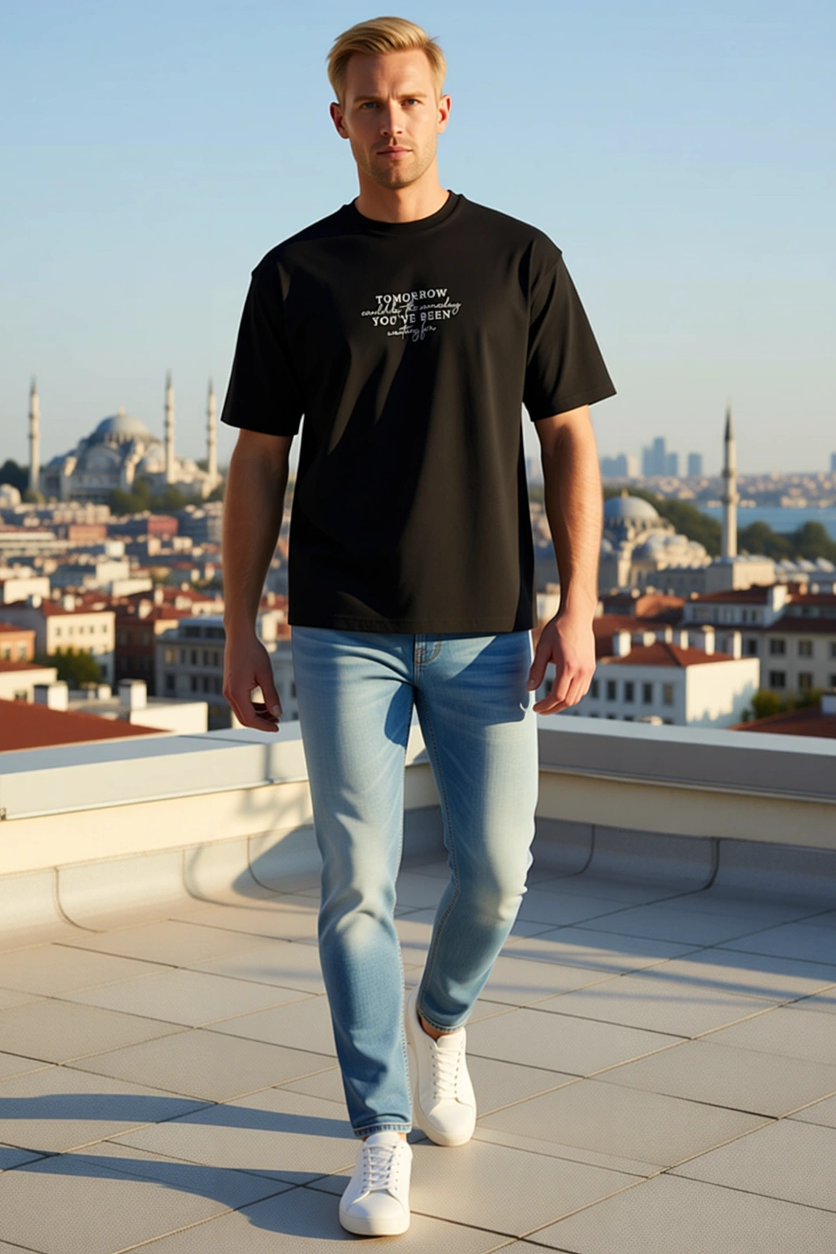 Erkek Bisiklet Yaka Oversize Tişört Önü Yazı Baskılı Düşük Omuz Kısa Kollu Günlük Rahat Geniş Kesim