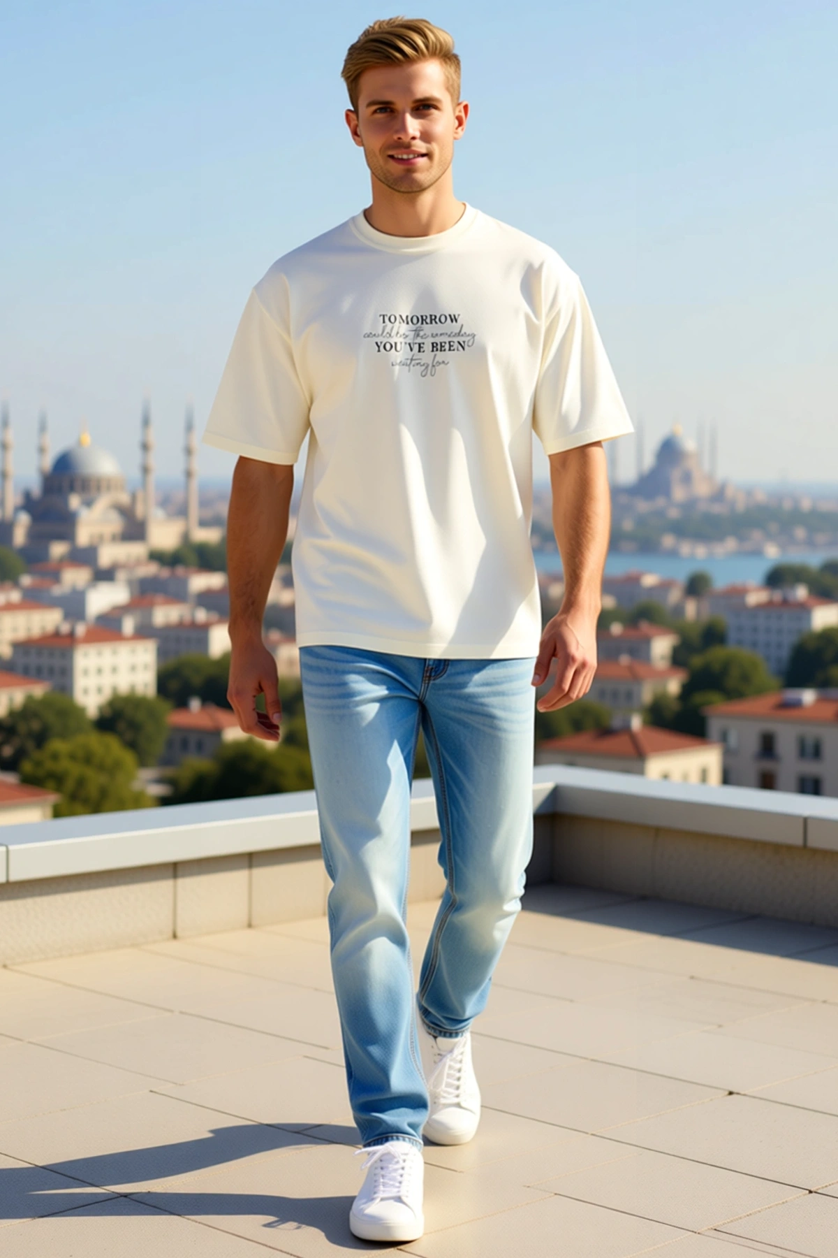 Erkek Bisiklet Yaka Oversize Tişört Göğsü Slogan Yazılı Düşük Omuzlu Kısa Kollu Modern Rahat Kalıp