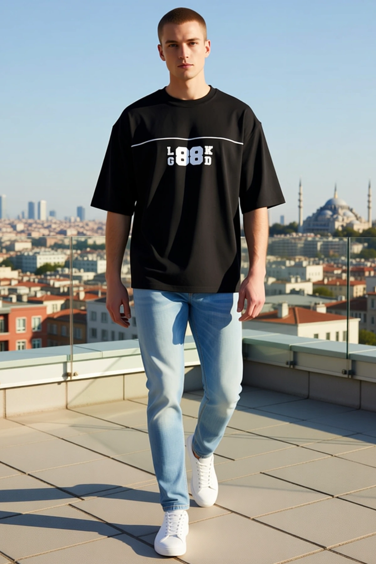 Erkek Bisiklet Yaka Oversize Tişört Göğüste Harf Baskılı Biyeli Düşük Omuz Yarım Kollu Günlük Kesim