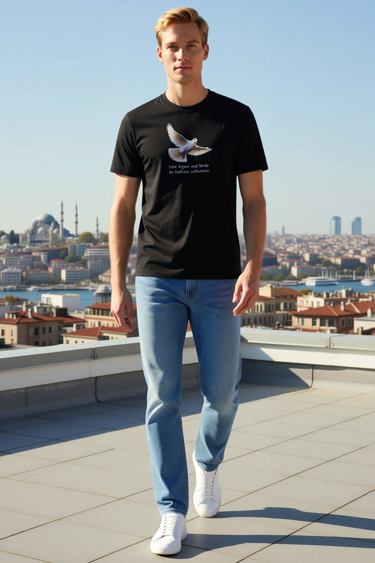 Erkek Bisiklet Yaka Oversize Tişört Güvercin Baskılı Düşük Omuz Kısa Kollu Günlük Rahat Geniş Kesim