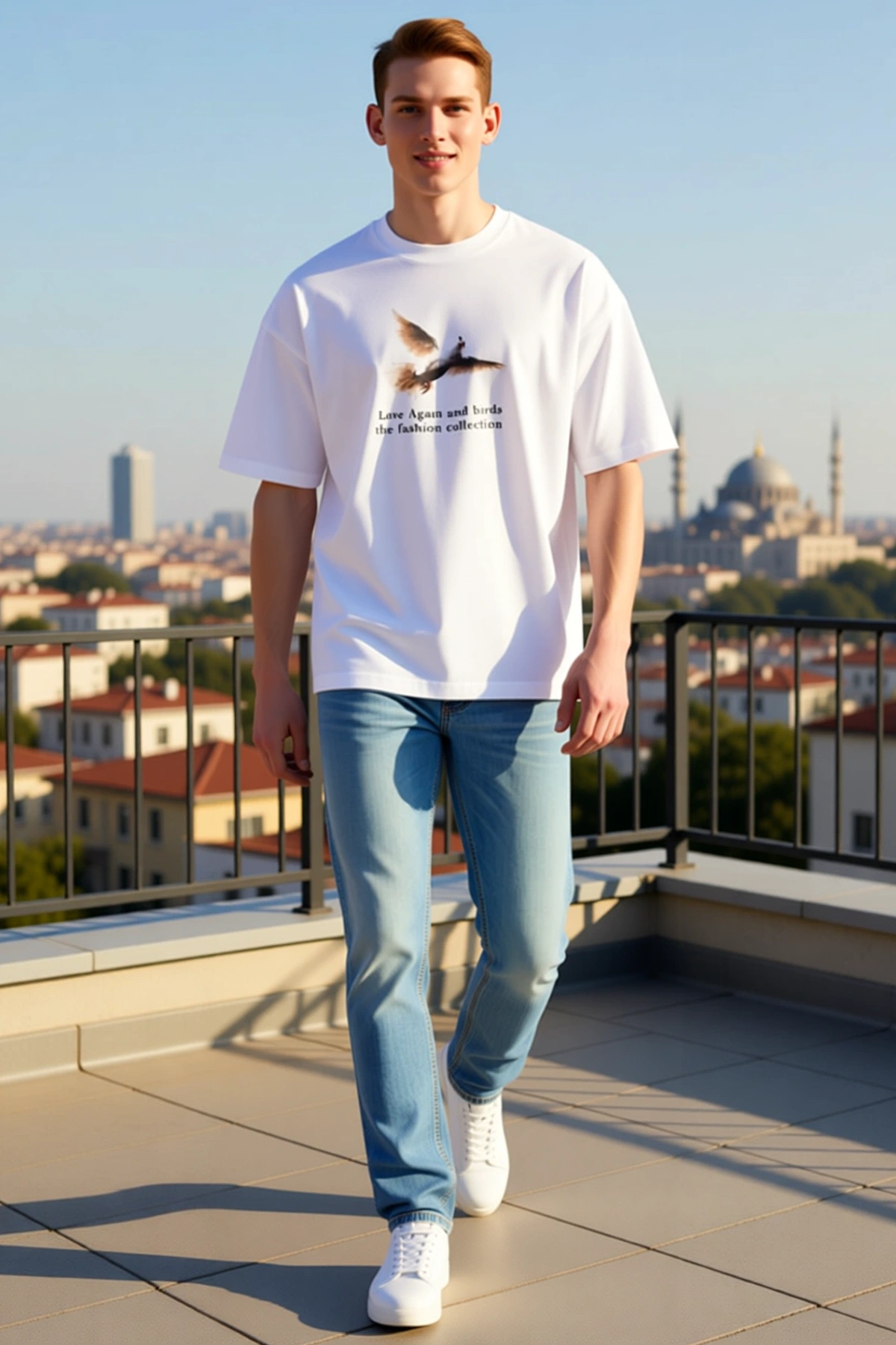 Erkek Bisiklet Yaka Oversize Tişört Önü Kuş Figürlü Yazı Detaylı Kısa Kollu Modern Rahat Salaş Kalıp
