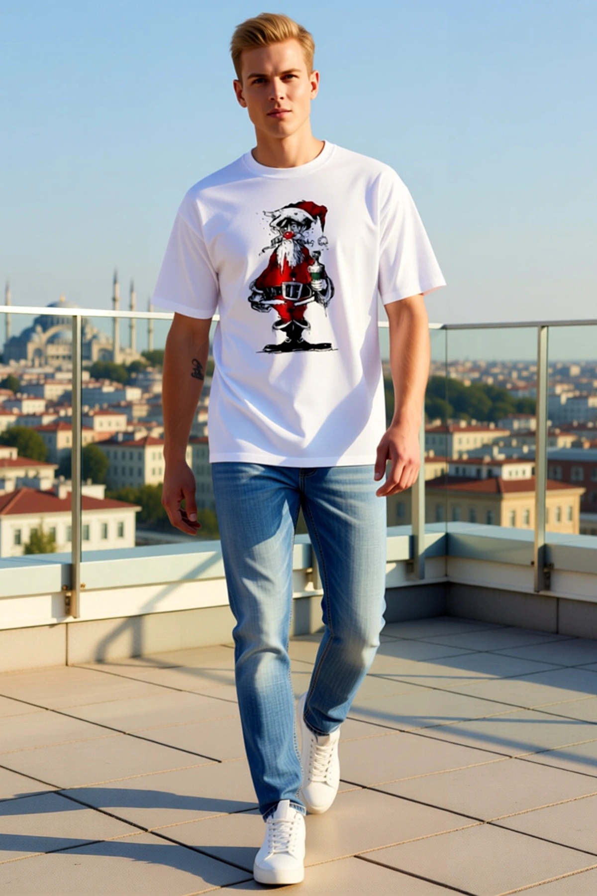 Erkek Bisiklet Yaka Oversize Noel Baba Figürlü Baskılı Kısa Kollu Düşük Omuzlu Rahat Günlük Tişört