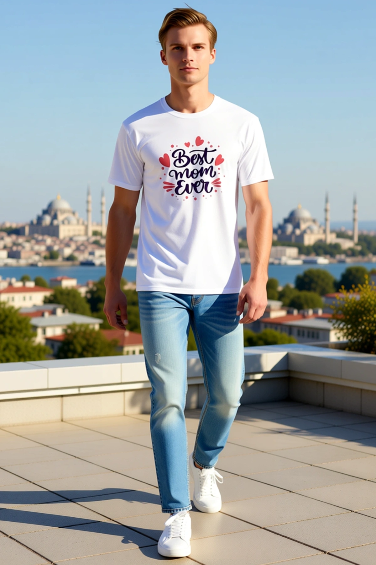 Erkek Bisiklet Yaka Kısa Kollu Anneler Günü Temalı Kalp Detaylı El Yazısı Baskılı Günlük Tişört