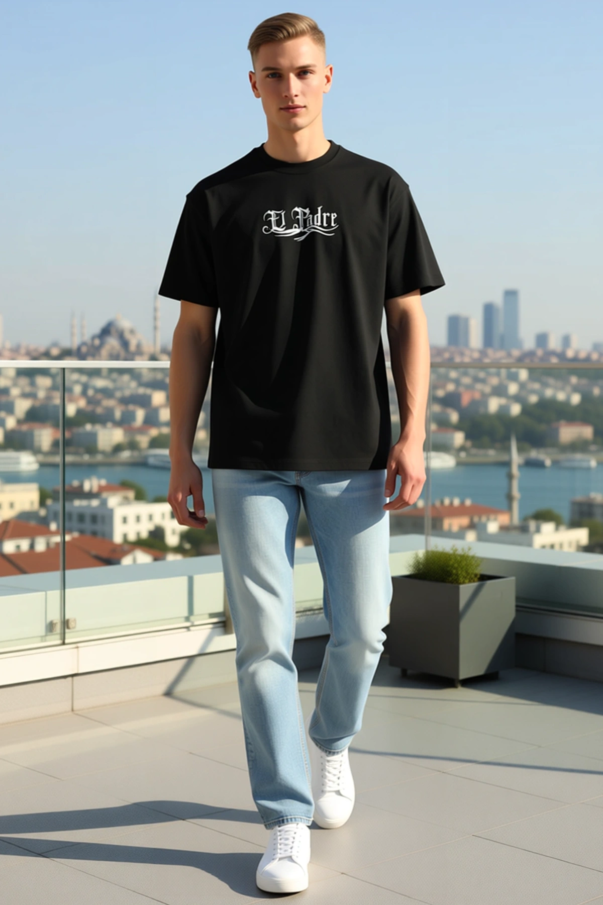 Erkek Bisiklet Yaka Oversize Göğüs Ortası Gotik Yazı Baskılı Kısa Kollu Düşük Omuzlu Günlük Tişört