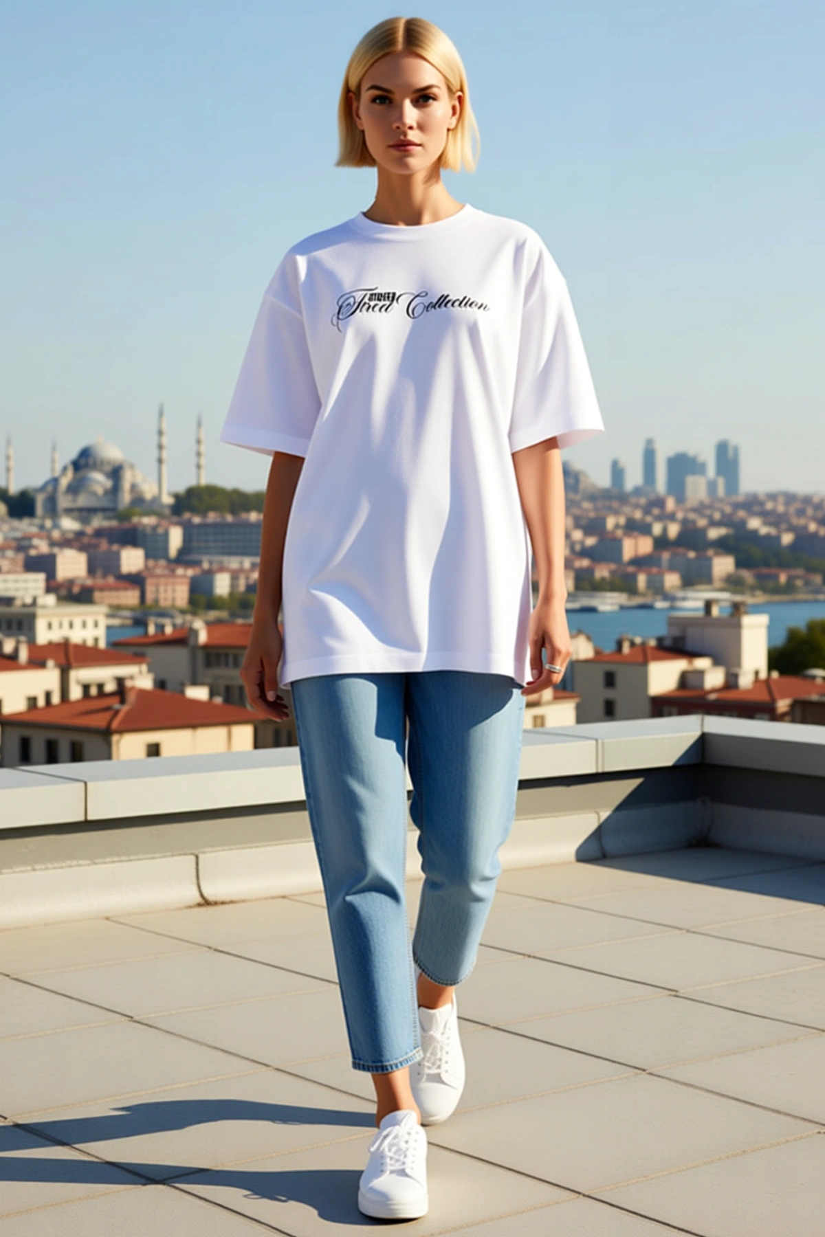 Kadın Kısa Kollu Bisiklet Yaka Oversize Tişört Göğsü Kıvrımlı Yazılı Baskı Uzun Kesim Modern Günlük