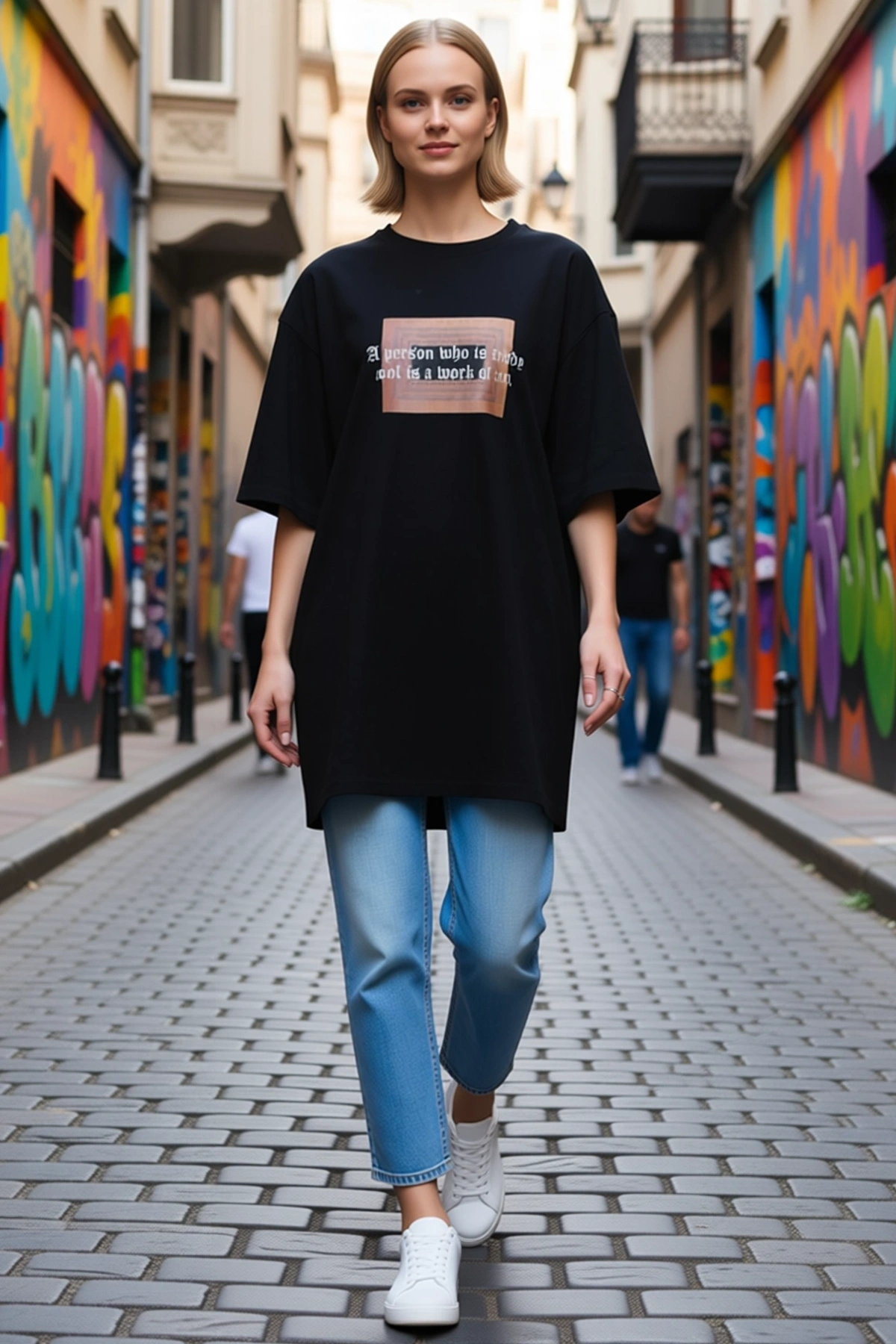 Kadın Oversize Tişört Bisiklet Yaka Kısa Kollu Önü Motifli Söz Baskılı Uzun Boy Rahat Elbise Kalıbı