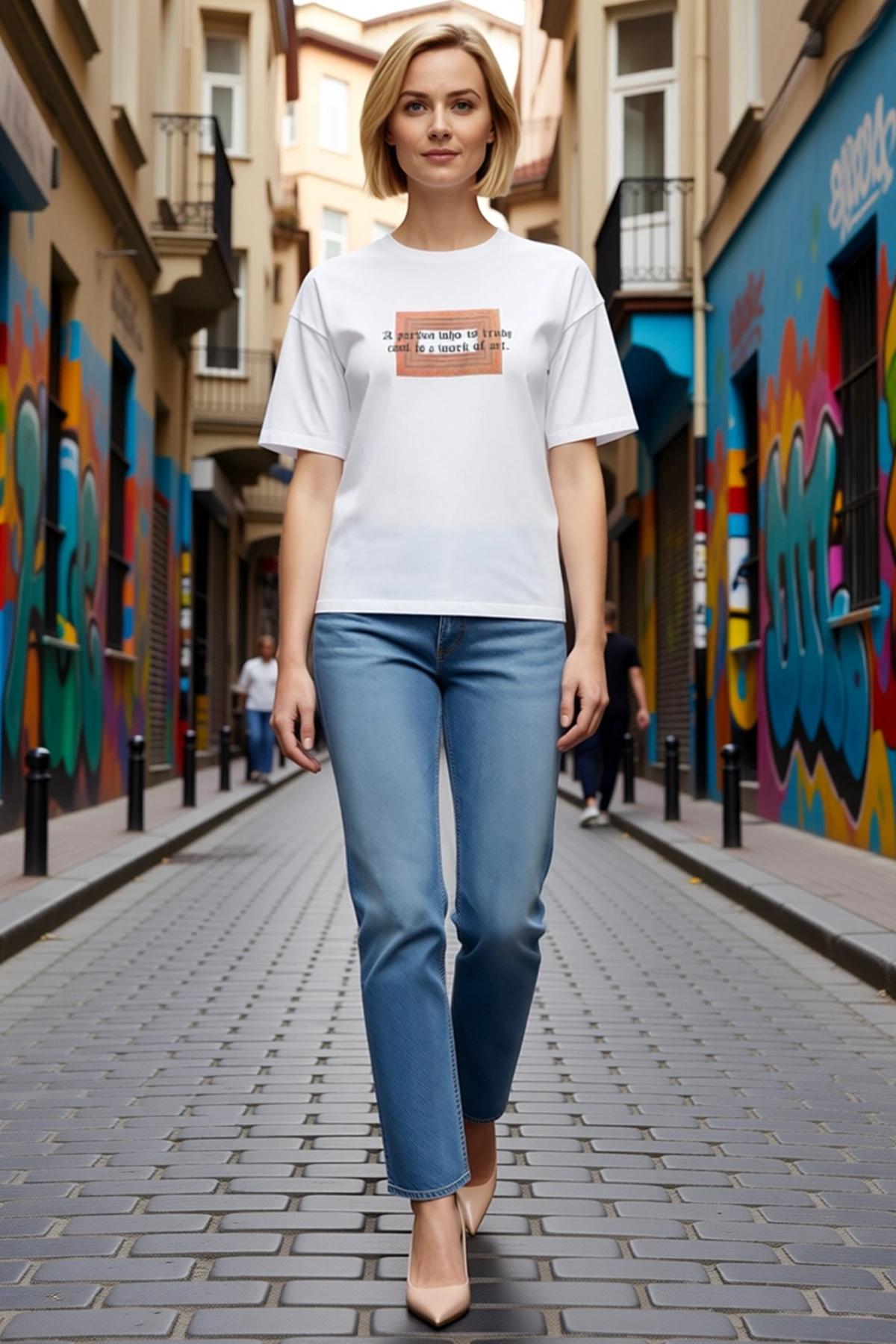Kadın Kısa Kollu Bisiklet Yaka Oversize Tişört Göğsü Kilim Desenli Gotik Yazılı Uzun Kesim Modern