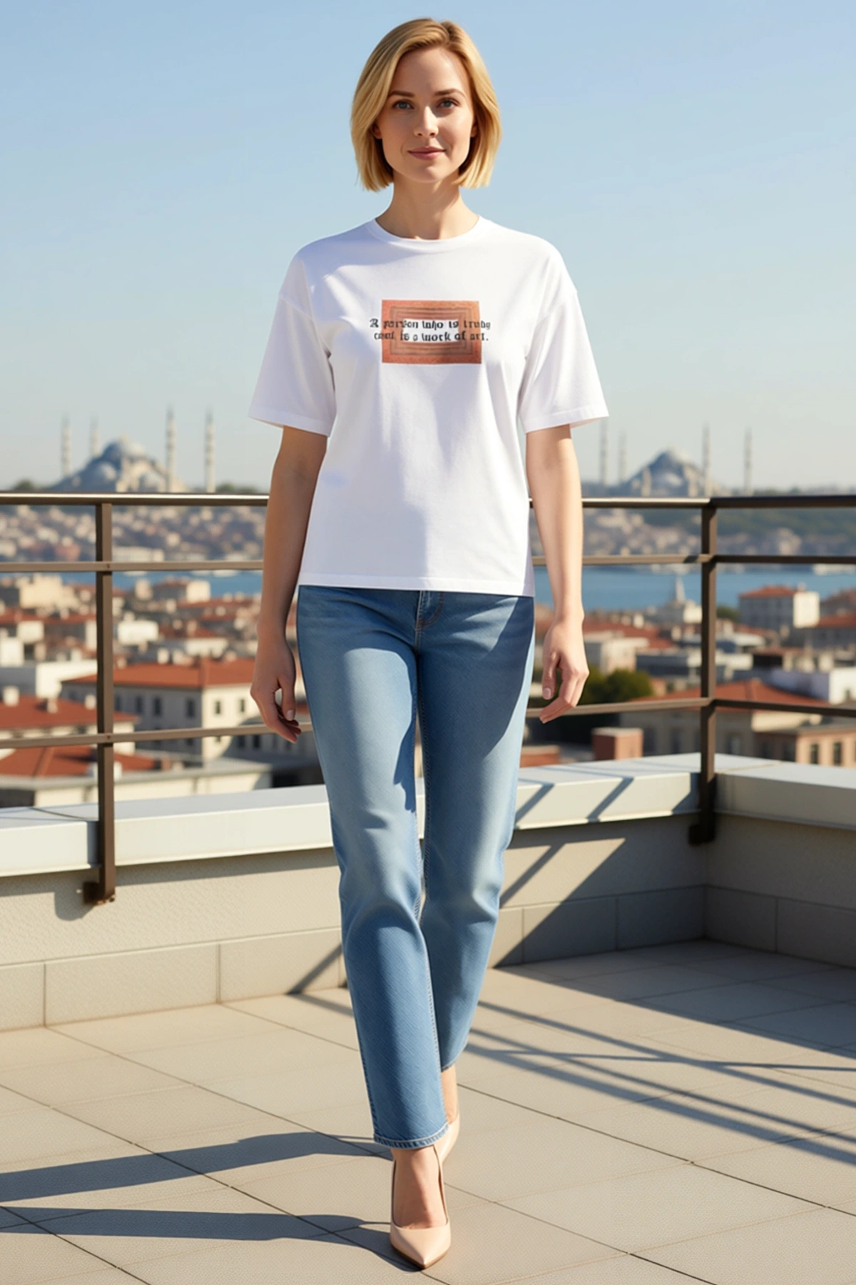 Kadın Kısa Kollu Bisiklet Yaka Oversize Tişört Göğsü Kilim Desenli Gotik Yazılı Uzun Kesim Modern